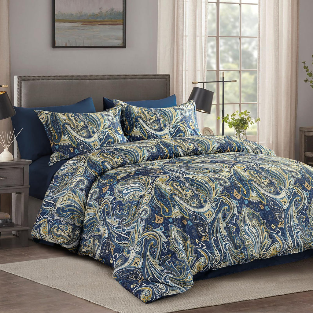 DJY Black Paisley Comforter Set Full Size 7 Piece Bed in a Bag Black and Grey Boho Paisley Pattern Comforter Set Soft Lightweight Microfiber Reversible Bedding Set for All Season