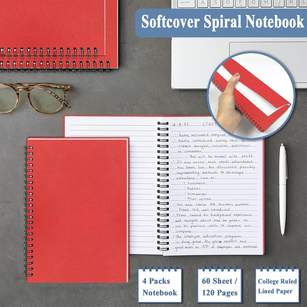 4Pack Small Spiral Notebook A5, 8.25x5.5” 120 Lined Pages Black & Red Wide Ruled Spiral Journal Bulk Blank Kraft Cover Spiral Bound Notebook & Writing Pads for Home Office Meeting Work Note Taking