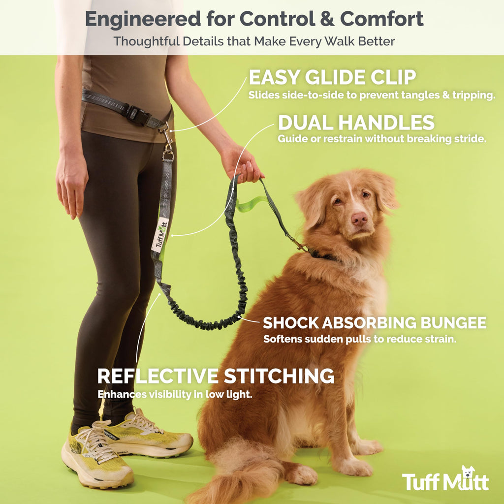 Tuff Mutt Hands-Free Waist Leash for Dog Walking, Running and Hiking, Carabiner Clip, Adjustable Belt with Double Handle, Reflective Bungee Design for Large & Medium Dogs