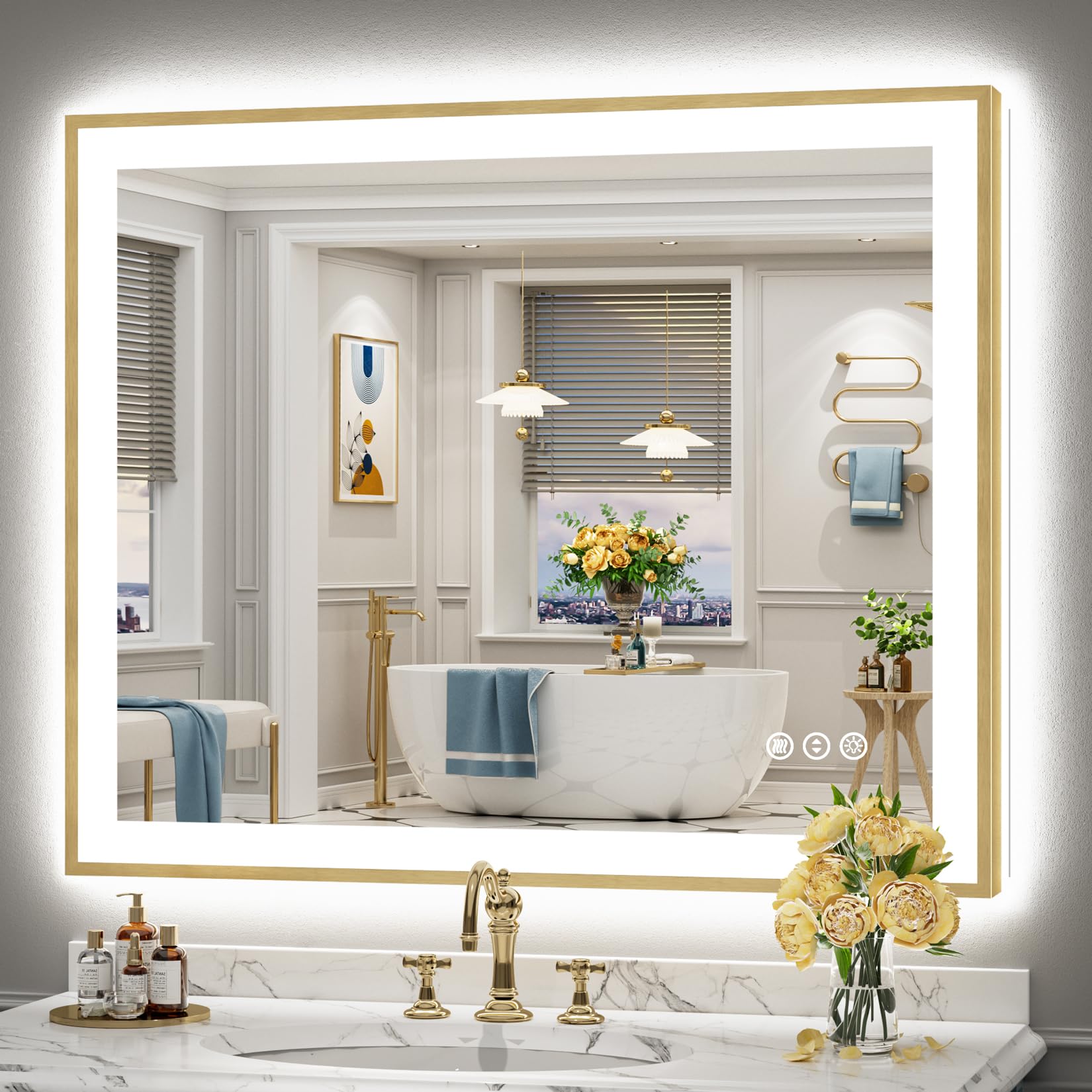 24x36 Gold Beveled LED Bathroom Mirror with Lights, Brushed Gold Framed Backlit and Front Lit Anti-Fog Lighted Vanity Mirrors for Bathroom Wall, Dimmable, 3 Colors, Memory, HD Tempered Glass