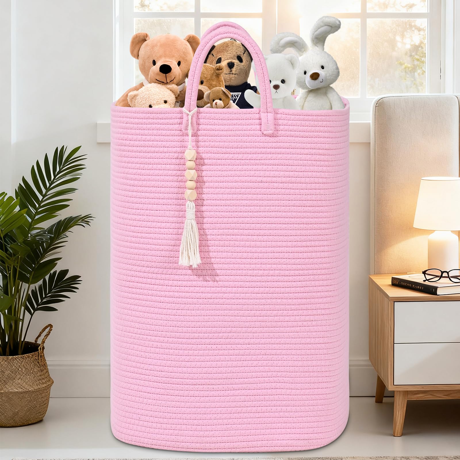 Woven Laundry Basket for Clothes, 50L Large Rectangle Laundry Hampers with Beads Tassel, Nursery Storage Basket for Toys, Tall Dirty Clothes Hamper for Bedroom Aesthetic, Laundry Room Organization