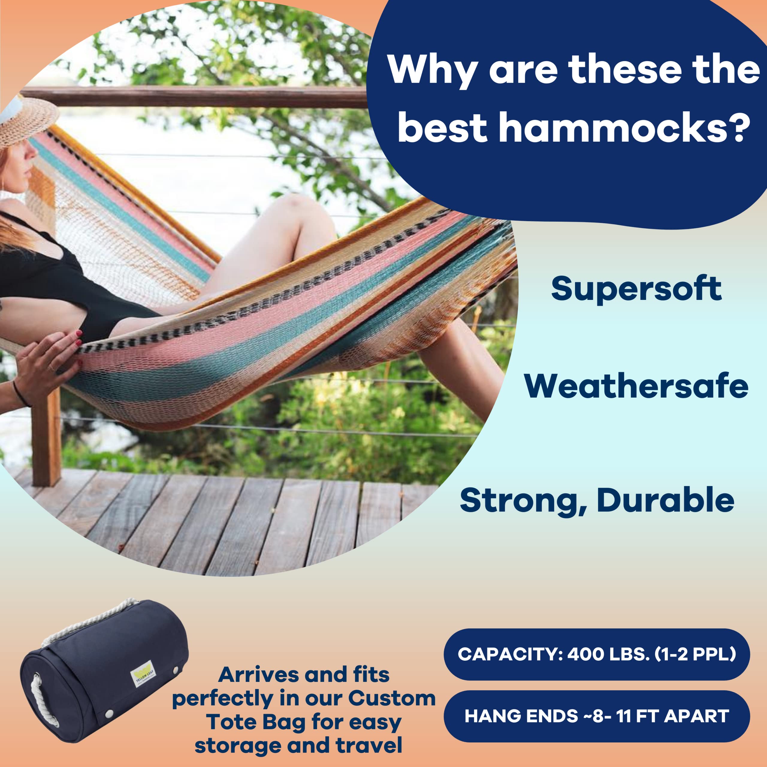 Handwoven Hammock by Yellow Leaf Hammocks - Double Size, Fits 1-2 PPL, 400lb max - Weathersafe, Super Strong, Easy to Hang, Ultra Soft, Artisan Made - Color: Natural Khaki