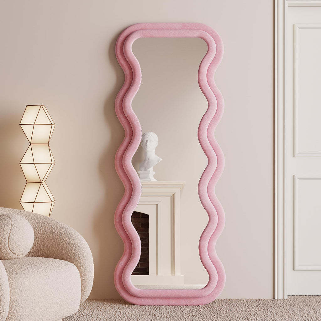 BOJOY Full Length Mirror, 63" x 24" Wall Mirror, Flannel Wrapped Wooden Frame Floor Mirror, Irregular Wavy Mirror Hanging or Leaning Against Wall for Cloakroom/Bedroom/Living Room, Black
