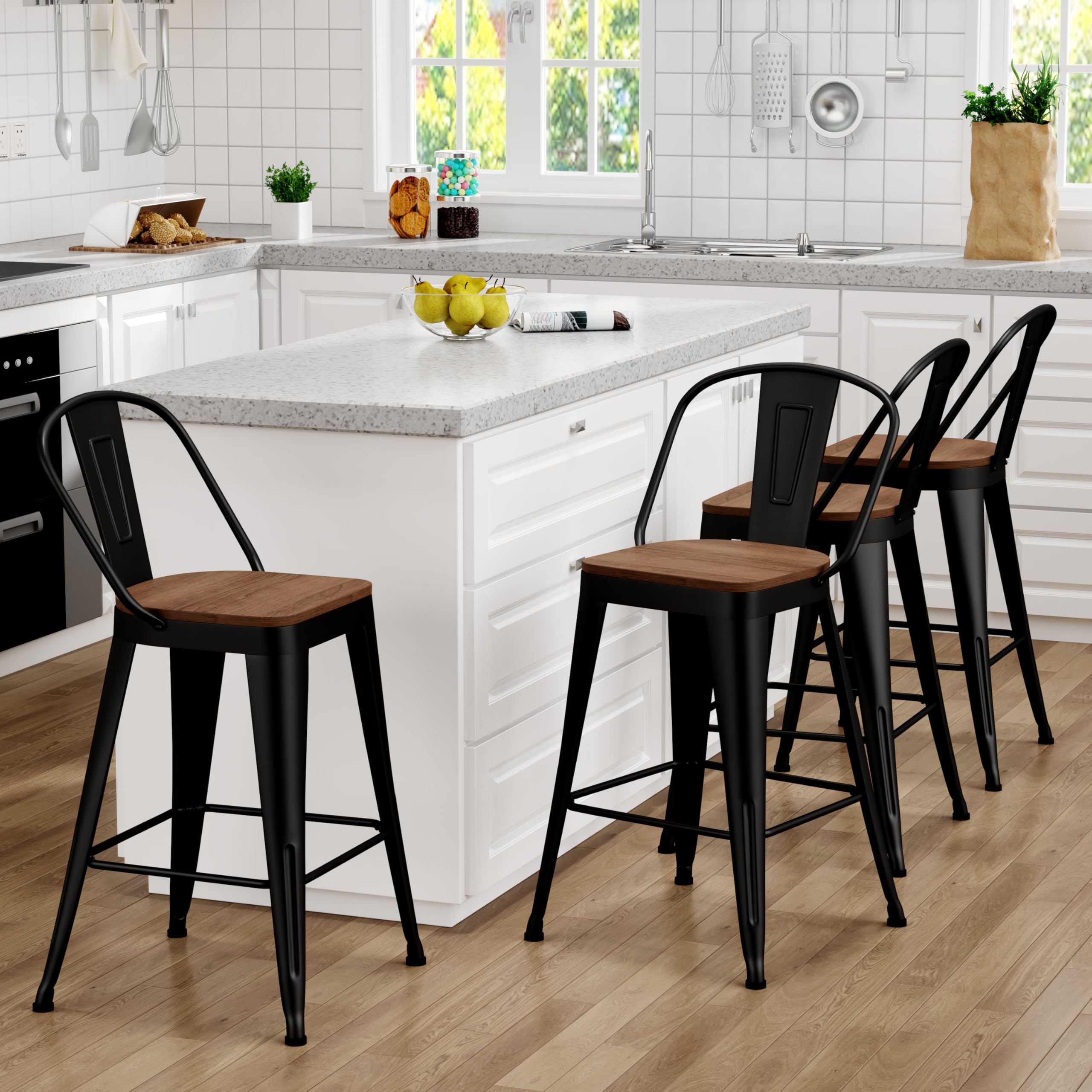 Barstools Set of 4 Counter Height Bar Stools for Kitchen Island Farmhouse Metal High Back Bar Chairs Wooden Seat 24" Matte Black