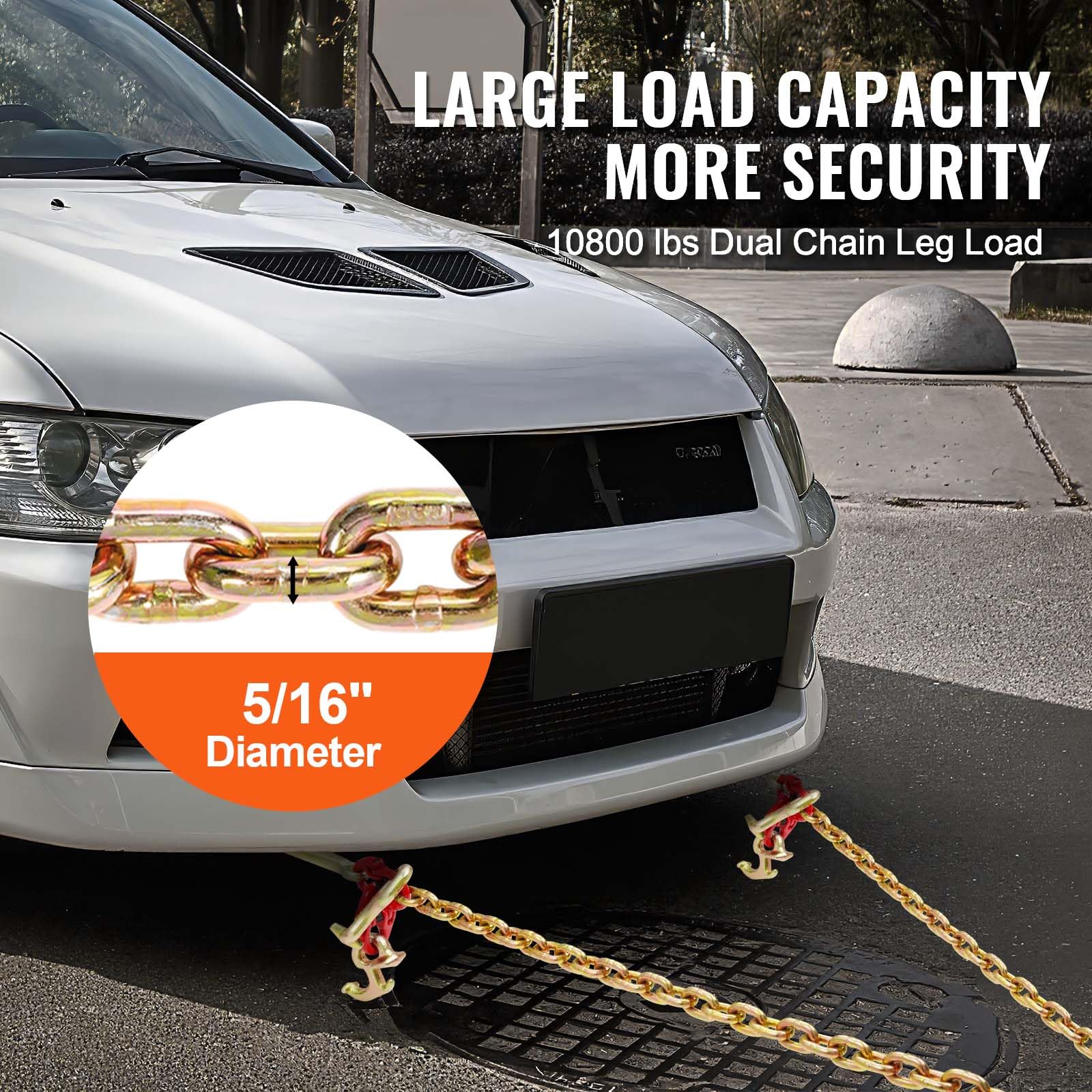 VEVOR G80 V Bridle Chain, 3/8" x 2' Towing Chain Bridle with 15" J Hooks, T Hooks & Grab Hooks, Heavy Duty Transport Tow Chain Bridle with 7800 lbs Safe Working Load for Flatbed Truck Wrecker Recovery