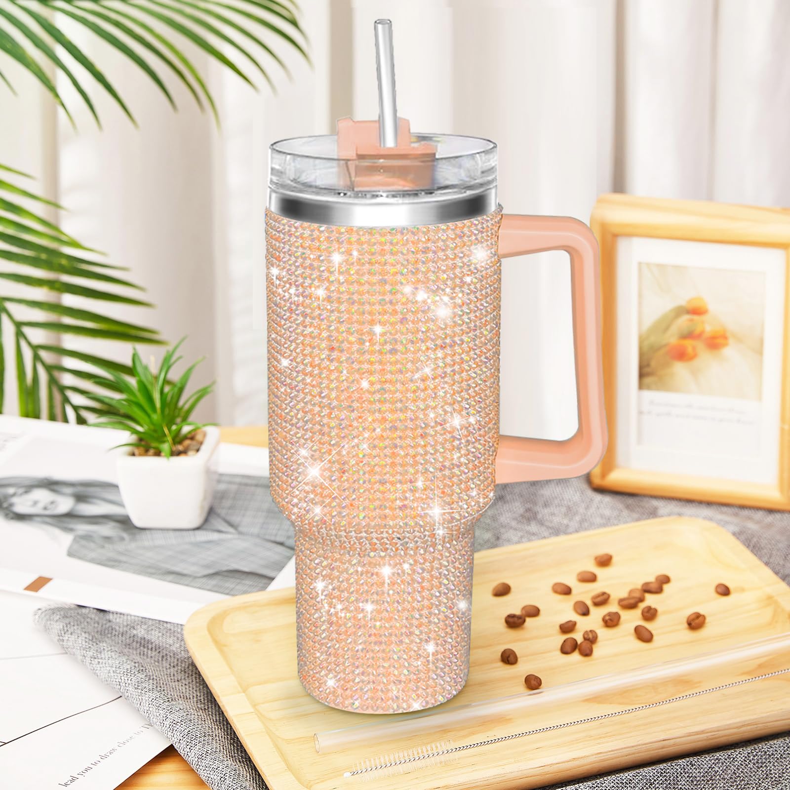 HWISDMIG 40oz Tumbler with Handle-Glitter Rhinestones Tumbler Bling Cups Stainless Steel Water Bottle Diamond Studded Tumbler for Women-Birthday Gifts for Women, Mom, Girlfriend (Amethyst)