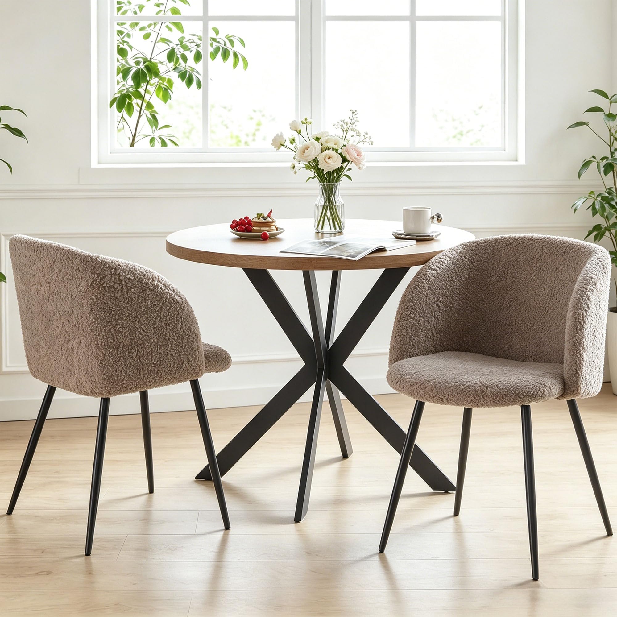 Homedot Dining Table Set for 2 with Black Dining Chairs, 3-Piece Compact Kitchen Table Set for Small Spaces, Rustic Brown Round Table Wooden with Upholstered Dining Side Chairs for Living Room