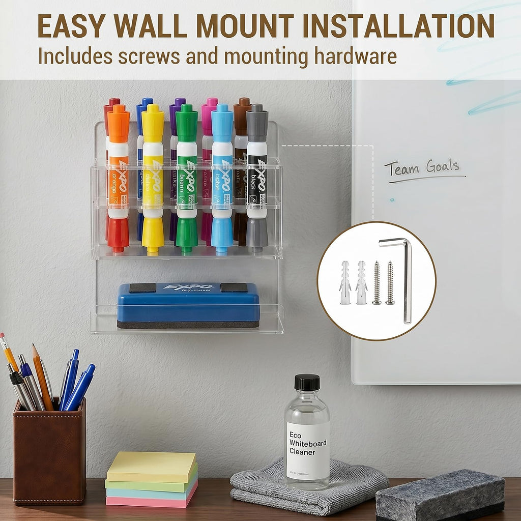 MyGift Dry Erase Marker Holder 10 Slots Whiteboard Marker Holder for Wall Dry Erase Eraser Holder Wall Mount Black