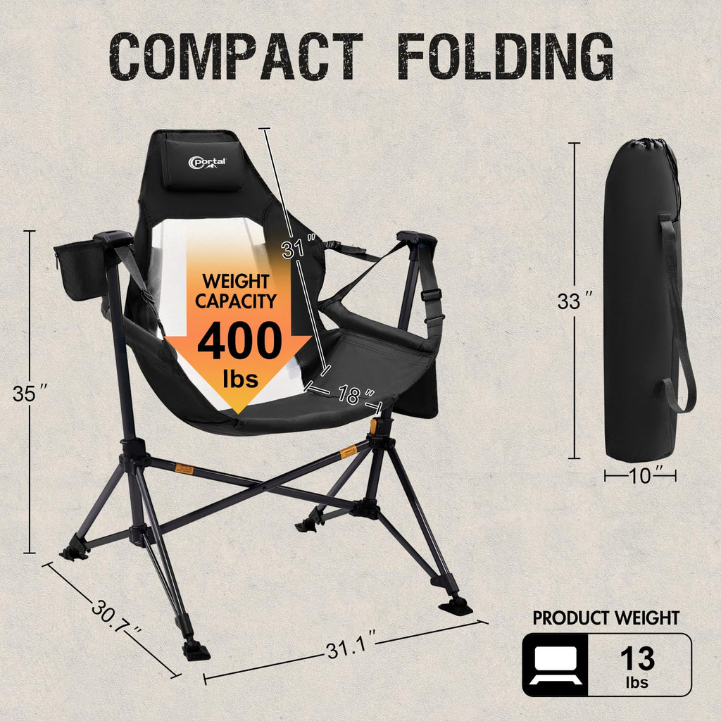 Portal Hammock Camping Chair, Portable Outdoor Swinging Chairs with Adjustable Back and Height for Lawn, Backyard, Patio, Supports 400 lbs, Breathable Mesh High Back, Blue