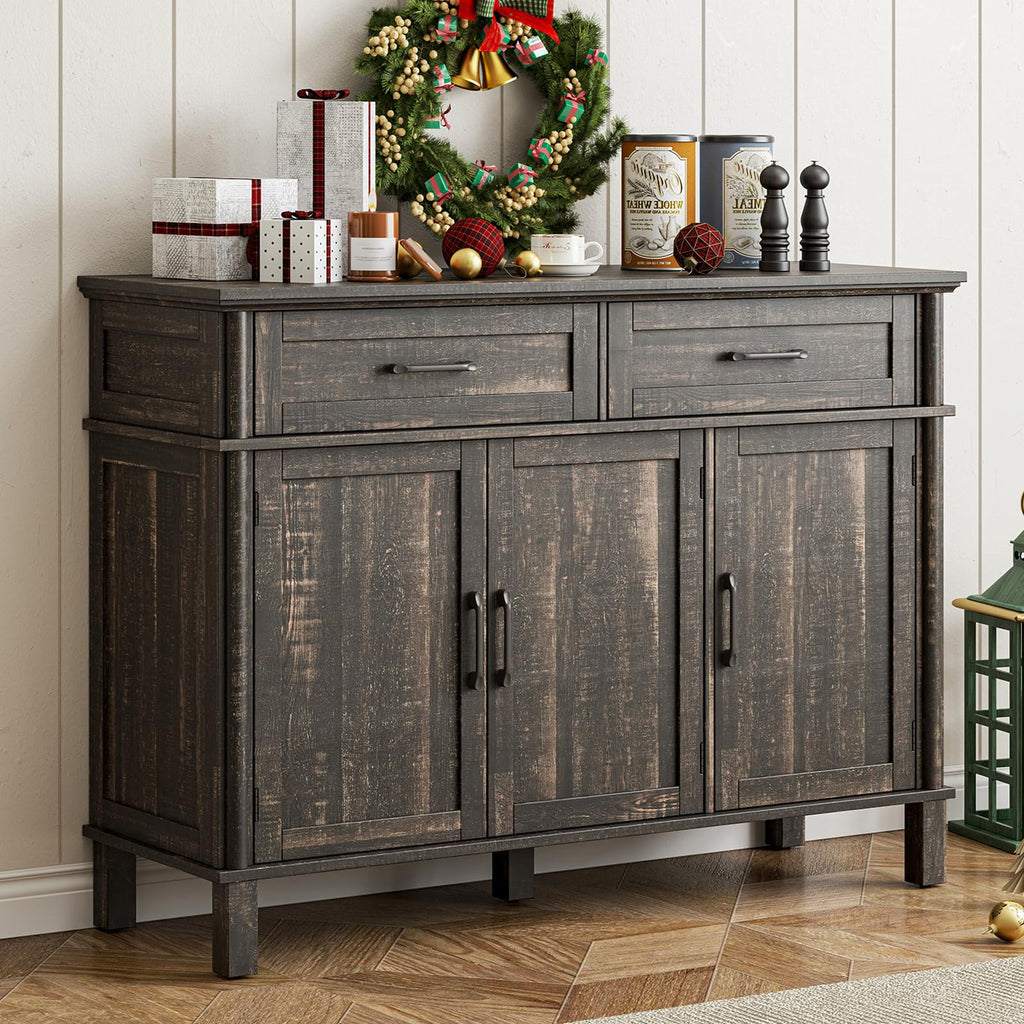 ONBRILL 48 Inches Buffet Cabinet with Storage, Farmhouse Sideboard Buffet w/2 Drawers and 3 Doors, Wood Coffee Bar Cabinet with Adjustable Shelves, Sideboard Storage for Kitchen, Living Room, Black