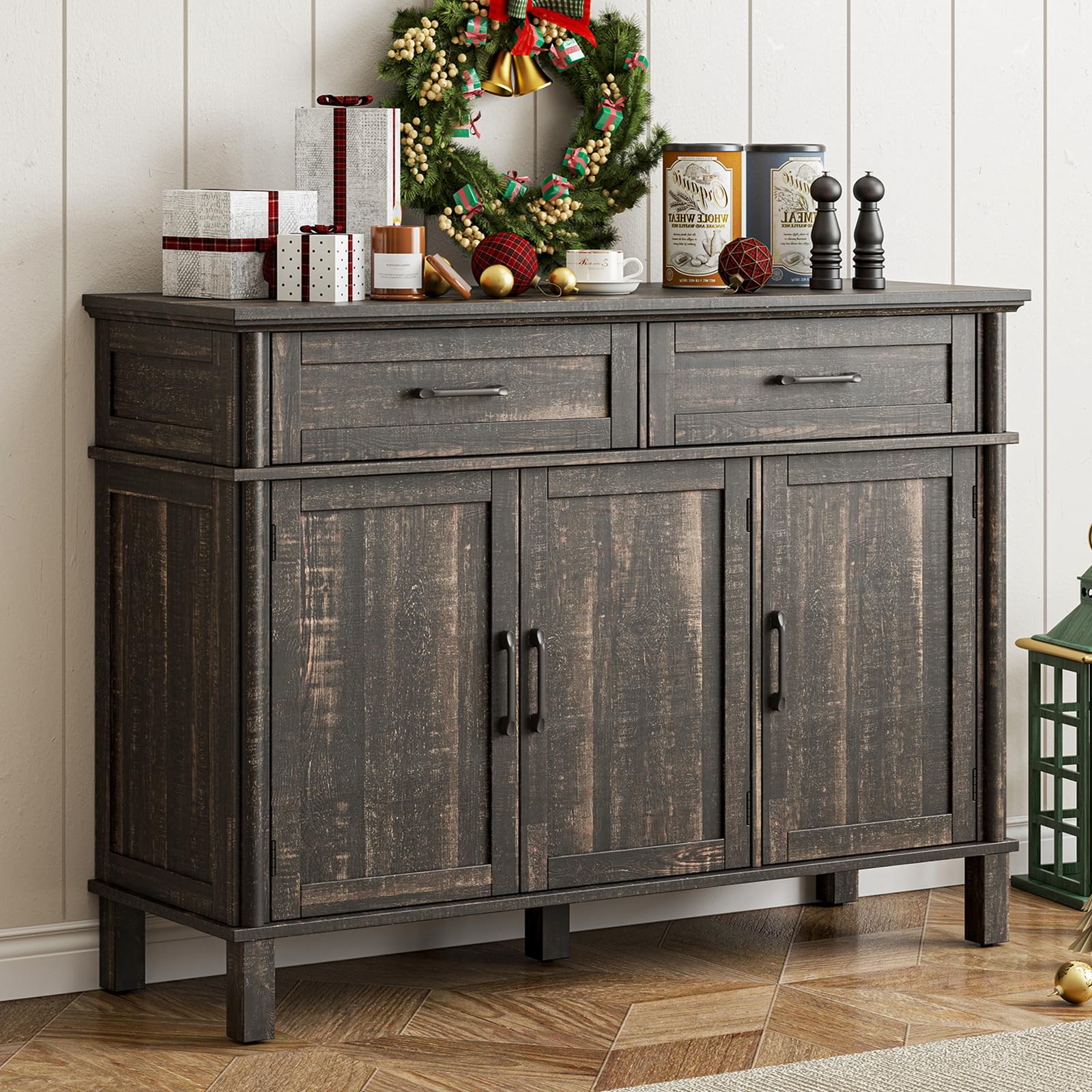ONBRILL 48 Inches Buffet Cabinet with Storage, Farmhouse Sideboard Buffet w/2 Drawers and 3 Doors, Wood Coffee Bar Cabinet with Adjustable Shelves, Sideboard Storage for Kitchen, Living Room, Black