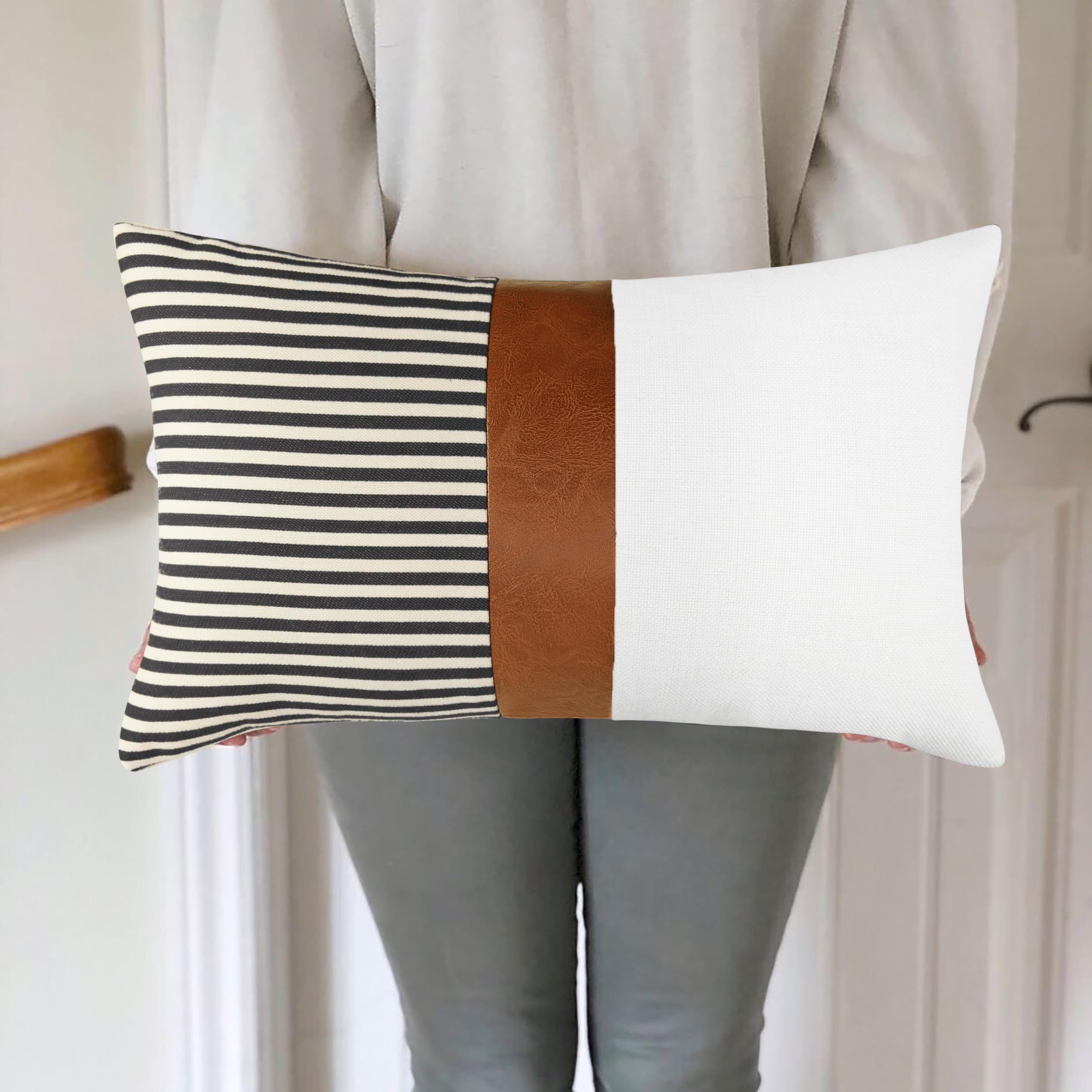 16x16 inch Pillow Covers Set of 2 Farmhouse Decor Stripe Patchwork Linen Throw Pillow Covers Modern Faux Leather Covers for Couch Sofa,Black