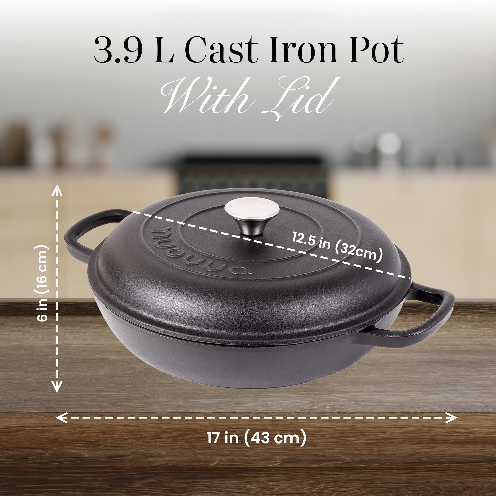 Shallow Cast Iron Casserole with Lid – Non Stick Dutch Oven Pot, Oven Safe up to 500° F – Sturdy Ovenproof Stockpot Cookware – Enamelled Cooking Pot – Black, 5-Quart, 32cm – by Nuovva