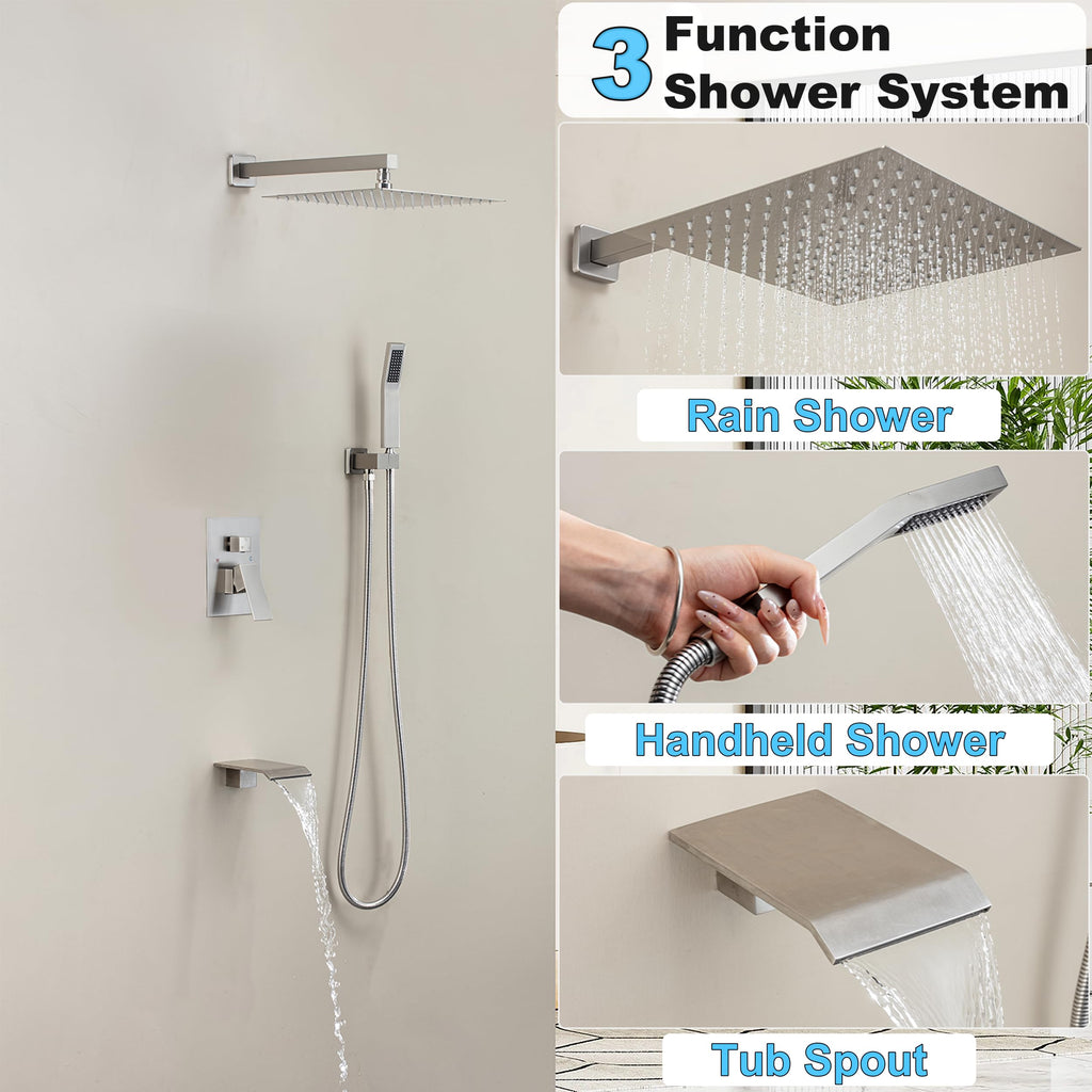 Brushed Gold Shower System with 10-Inch Rain Showerhead and Tub Spout | cUPC-certified pressure balance brass valve to prevent scalding, CEC-certified air injection technology for low pressure