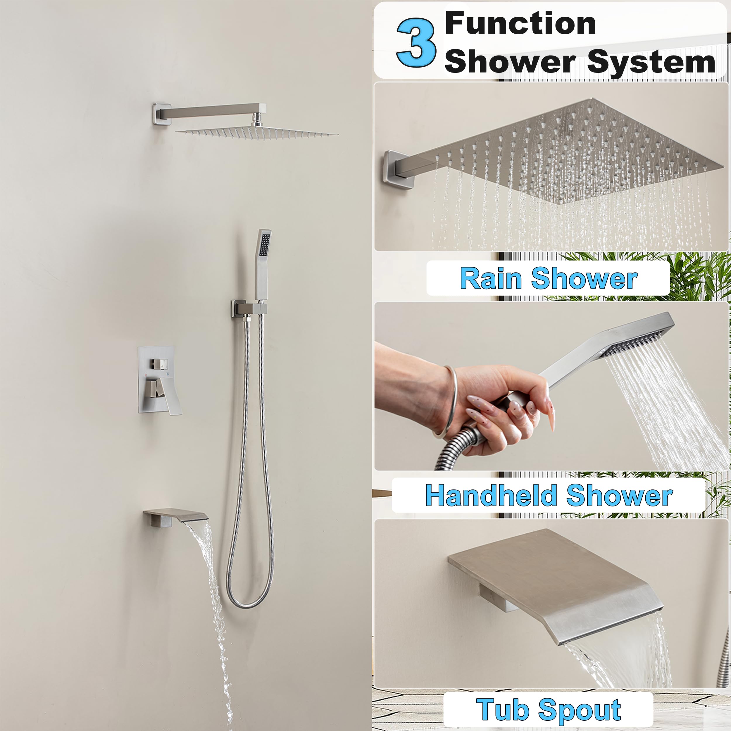 Brushed Gold Shower System with 10-Inch Rain Showerhead and Tub Spout | cUPC-certified pressure balance brass valve to prevent scalding, CEC-certified air injection technology for low pressure