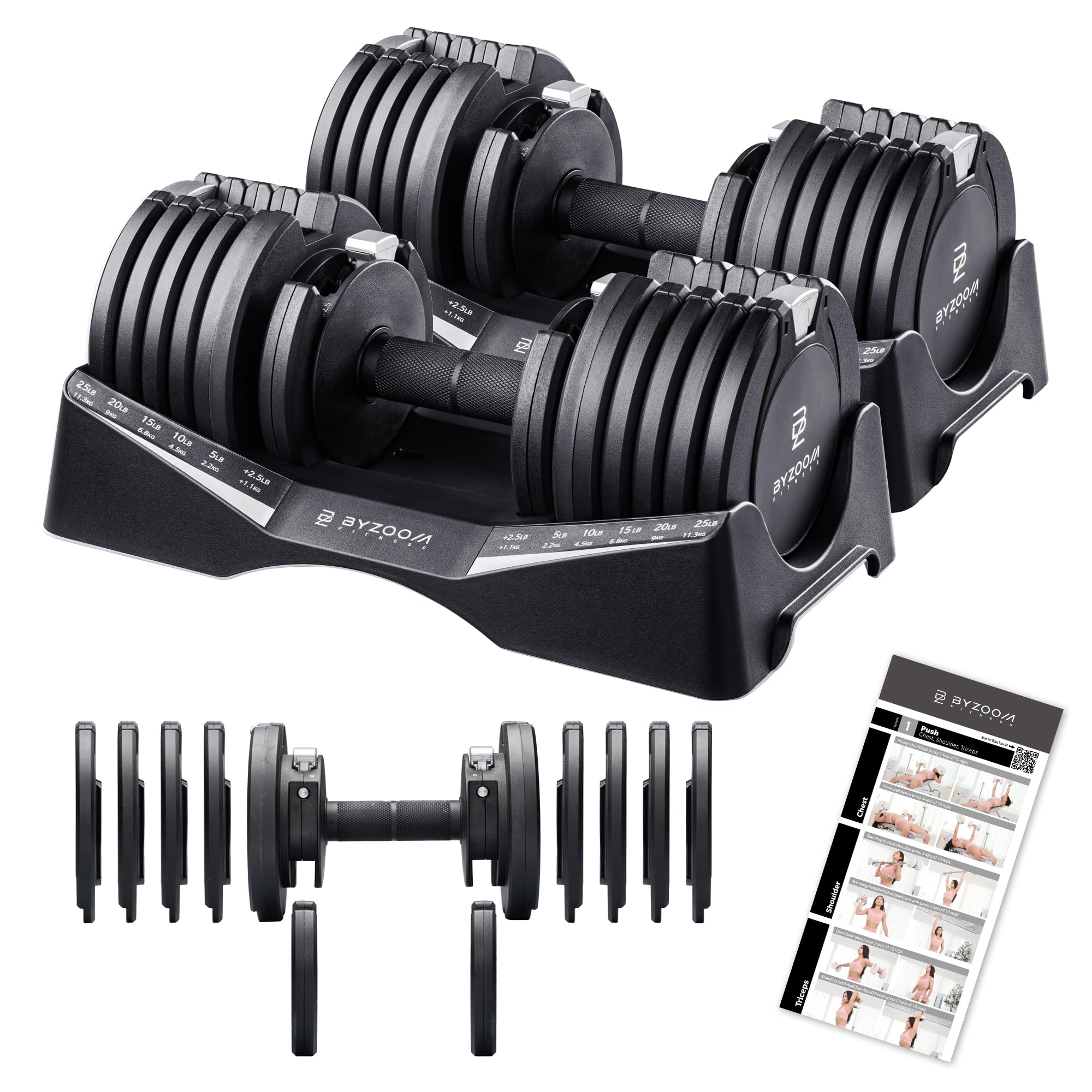 BYZOOM FITNESS Pure Series Adjustable Dumbbell - 12.5/25/27.5/50/55/75lb - ONE UNIT OR PAIR(check QTY before purchase) - 5-in-1/ 10-in-1 / 15-in-1 / 21-in-1 Flexible Hand Weights for Home Apartment Garage Gym, Strength Training & Fitness Workouts, White O