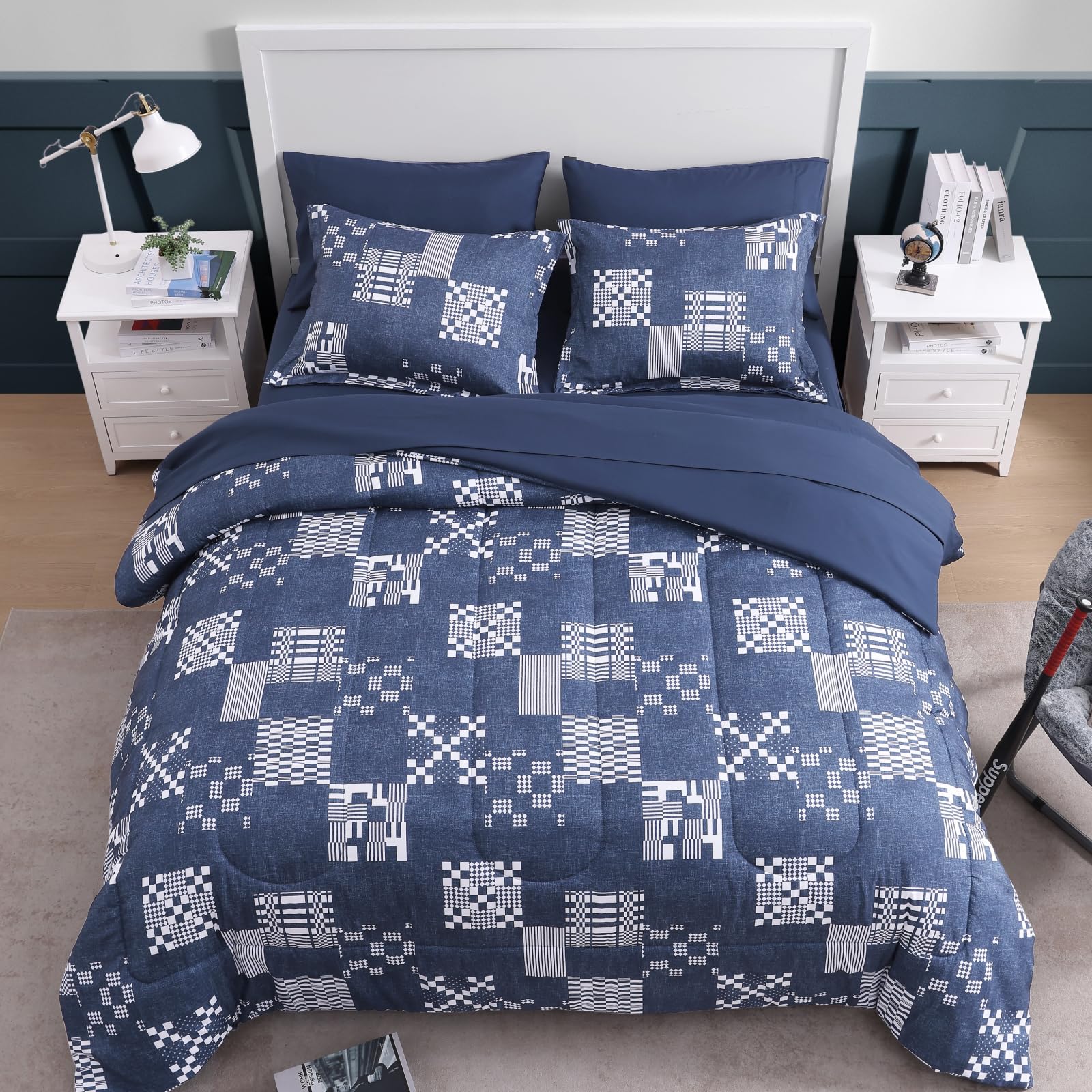 AMBERSPACE Plaid Twin XL Comforter Set Black, Reversible Checkered Bedding Set 5 Pieces for Boys Girls Teen, Lightweight Bed in a Bag for Dorm with Sheets, Pillowcase & Sham