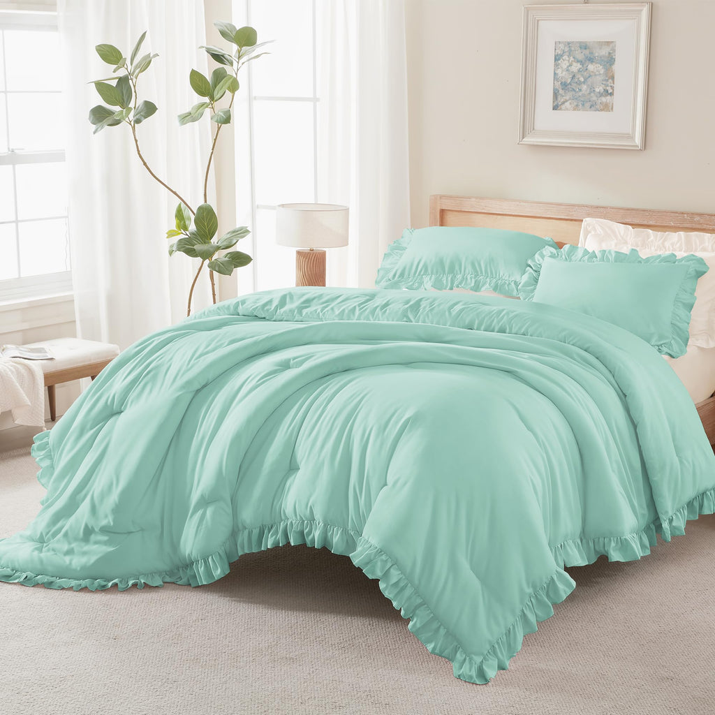 Andency Beige Twin Size Ruffle Comforter, 2 Pieces Farmhouse Shabby Classic Bed Set for Kids, Lighteweight Soft Polyester Bedding Set for Girls(1 Ruffle Comforter and 1 Pillowcase)