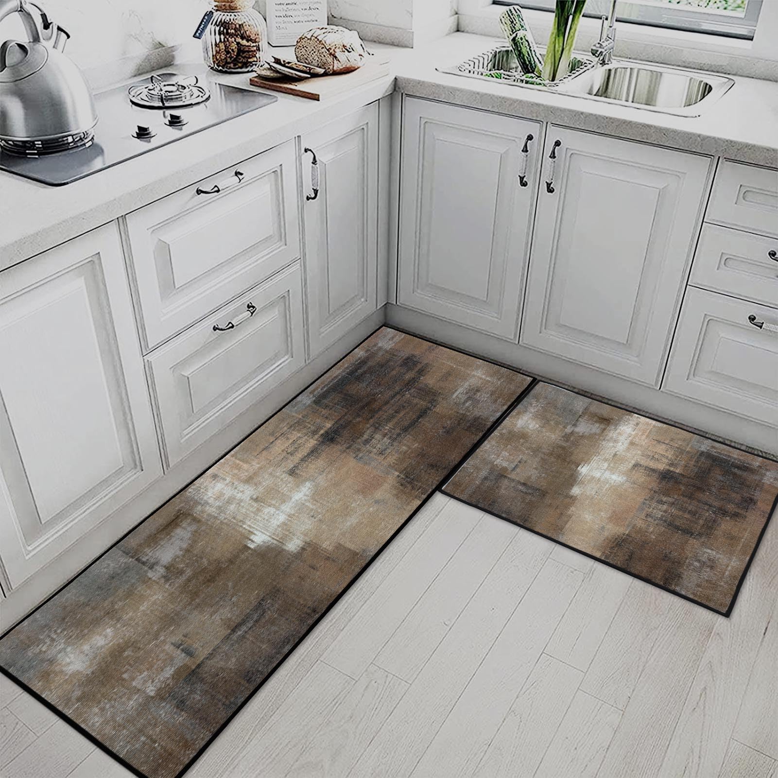 Blue Kitchen Rugs and Mats Non Skid Washable Set of 2, Grey White Modern Abstract Mats for Floor, Geometric Painting Runner Rug Graffiti Art Kitchen Decor
