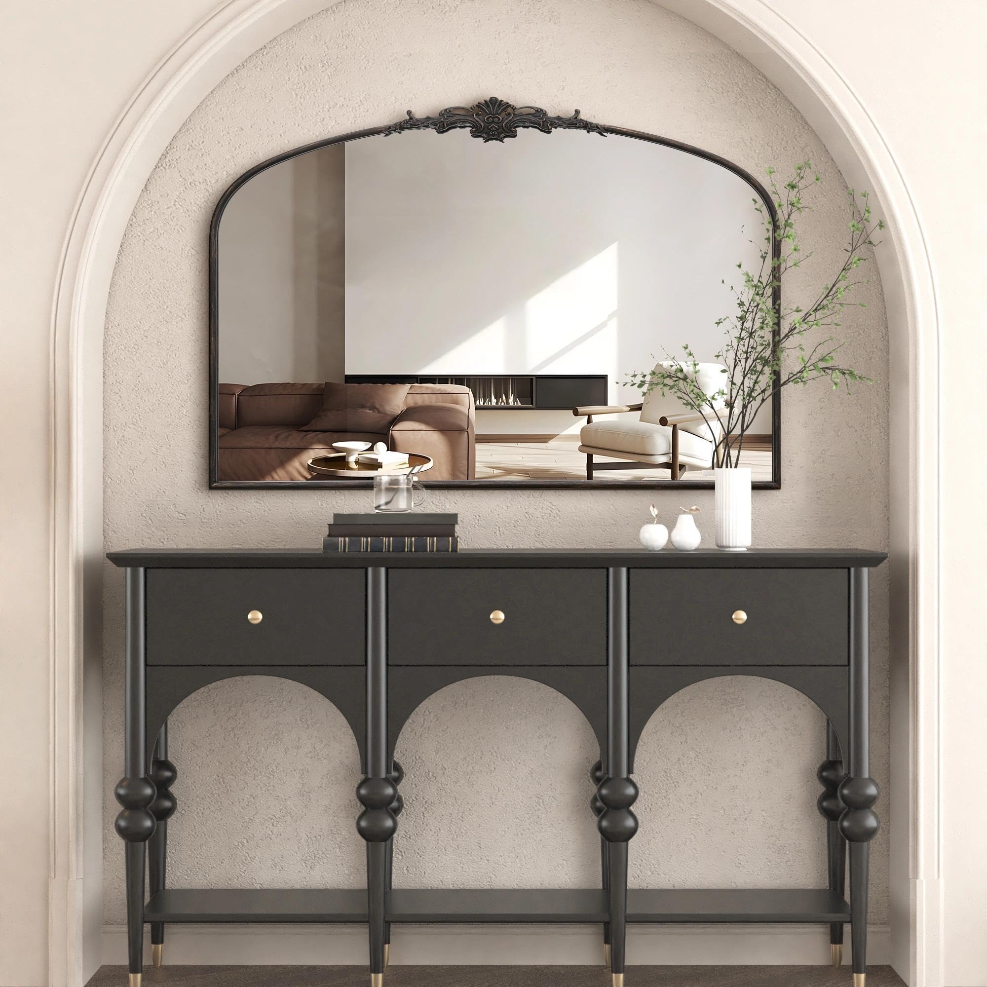 Besdomus Vintage Arched Black Mirror: 32"x24" French Large Black Vintage Wall Mirror - Baroque Traditional Ornate for Living Room/Fireplace/Bathroom- Ideal Gifts for Housewarming/Birthday