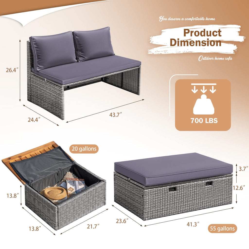 Devoko Outdoor Daybed Set Multifunctional Patio Day Bed Rattan Lounge Bed with 2 Side Tables for Backyard Porch Poolside Lawn Beach (Beige White)