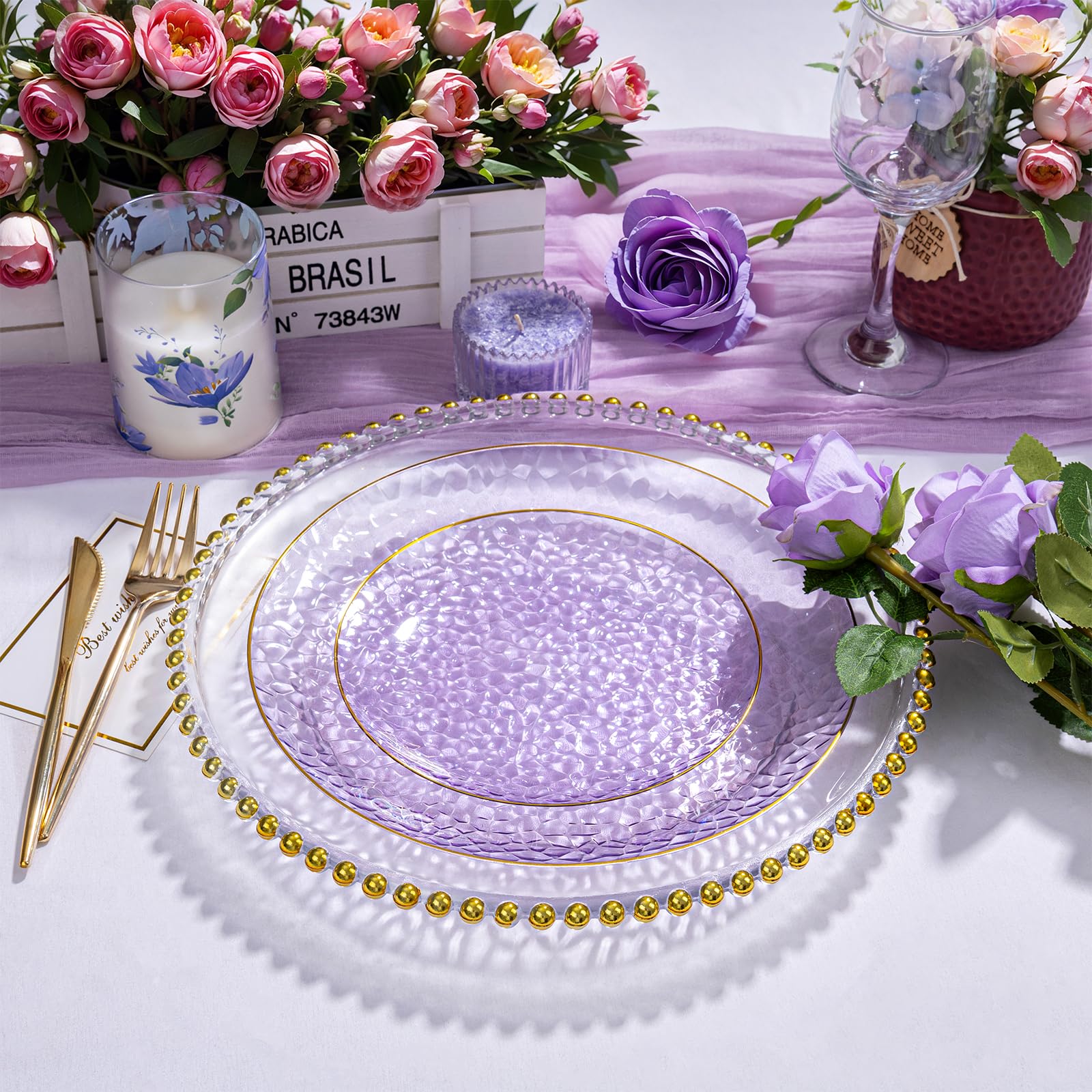Rubtlamp 100Pcs Amber Gold Plastic Plates, Disposable Plates With Gold Rim, Heavy-duty Party Platos, Hammered Plastic Plates Include 50 Clear Dessert Plates, 50 Dinner Plates for Party
