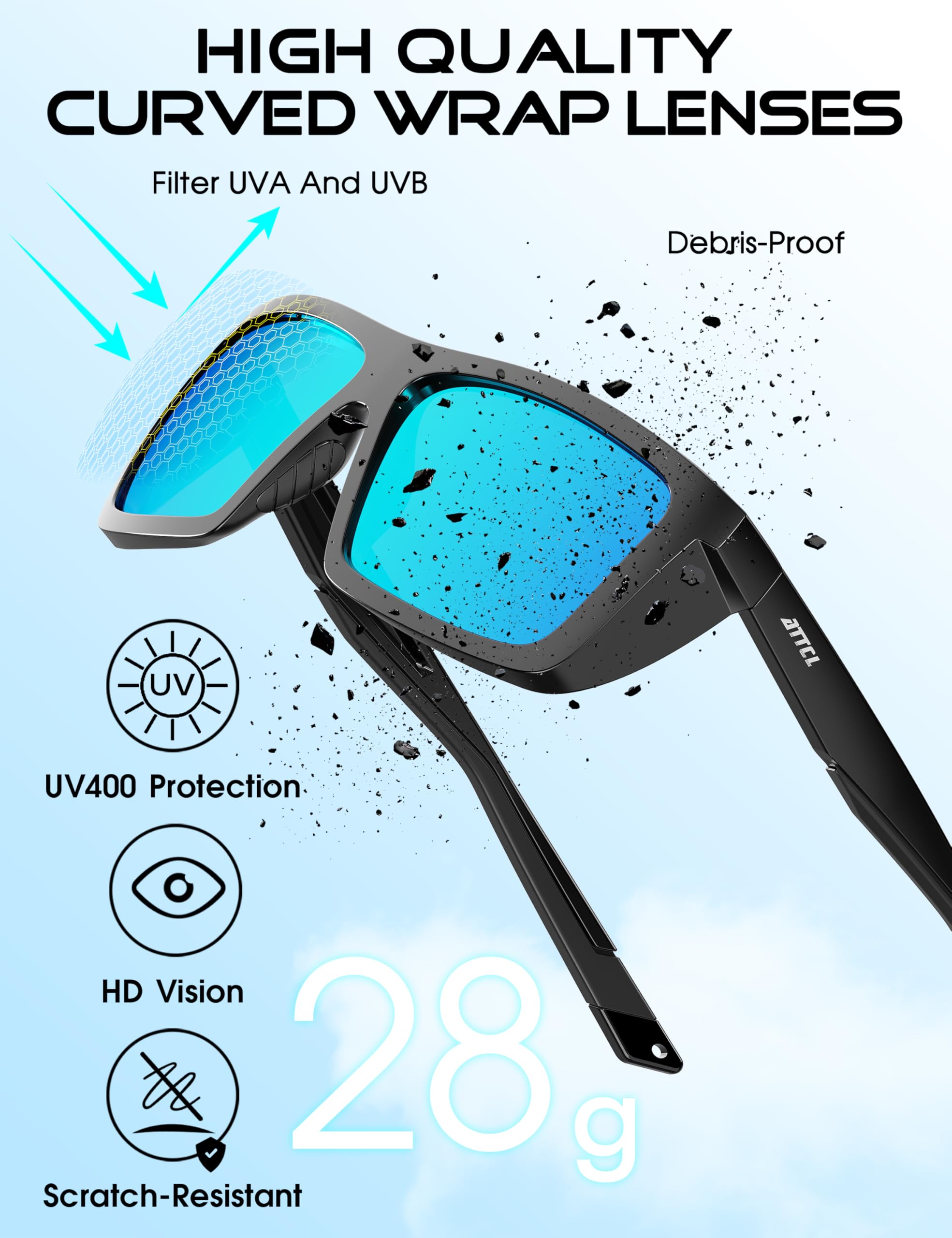 ATTCL Sports Polarized Sunglasses for Men: Secure Anti-Slip Lightweight TR90 Square Frame UV Protection for Driving Fishing