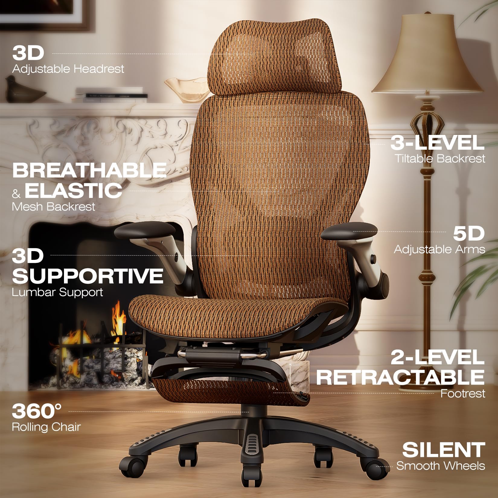ELABEST X100 Ergonomic Office Chair with Footrest, Big and Tall Home Desk Chair with 5D Flip-Up Arms, Adjustable 3D Lumbar Support,High Back Rolling Computer Chair, Swivel Mesh Chairs (Coffee Break)