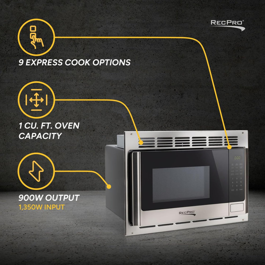 RecPro RV Microwave with Trim Kit | 1.0 Cu. Ft. | 900W | Direct replacement for Greystone and High Pointe (Black)