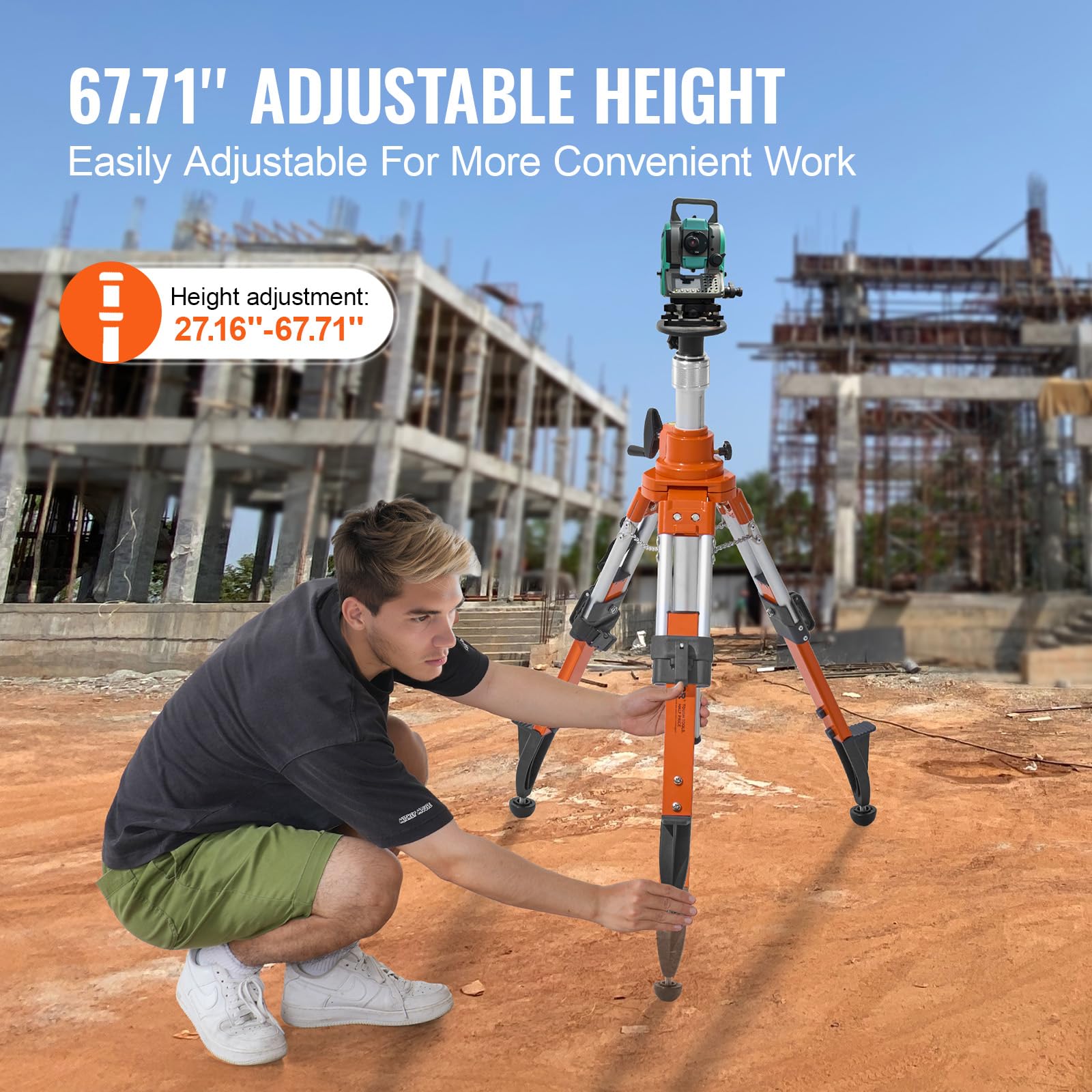 VEVOR Laser Level Tripod Stand, 5/8"-11 Thread Mount, 16.53-65.55 inch Height Adjustment Heavy Duty Survey Tripod for Construction Laser Level Scanner, Retractable Legs Non-Skid Feet Professional