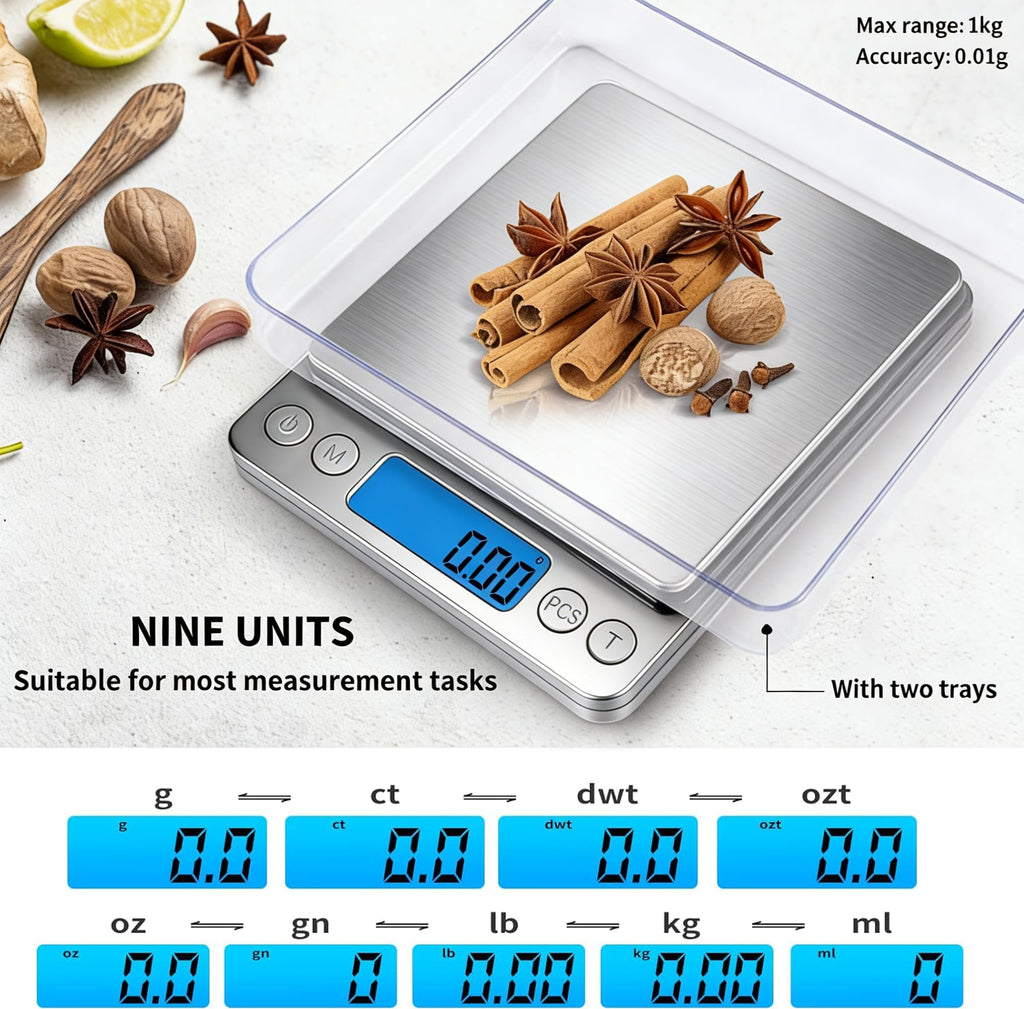 Small Digital Gram Scale 1000g by 0.01g, MEIYA High Accuracy Scale for Food Ounces and Grams, Upgrade USB Charging Kitchen Scale Digital Weight for Cooking, Baking, with Tare Function, 9 Units, 2 Tray