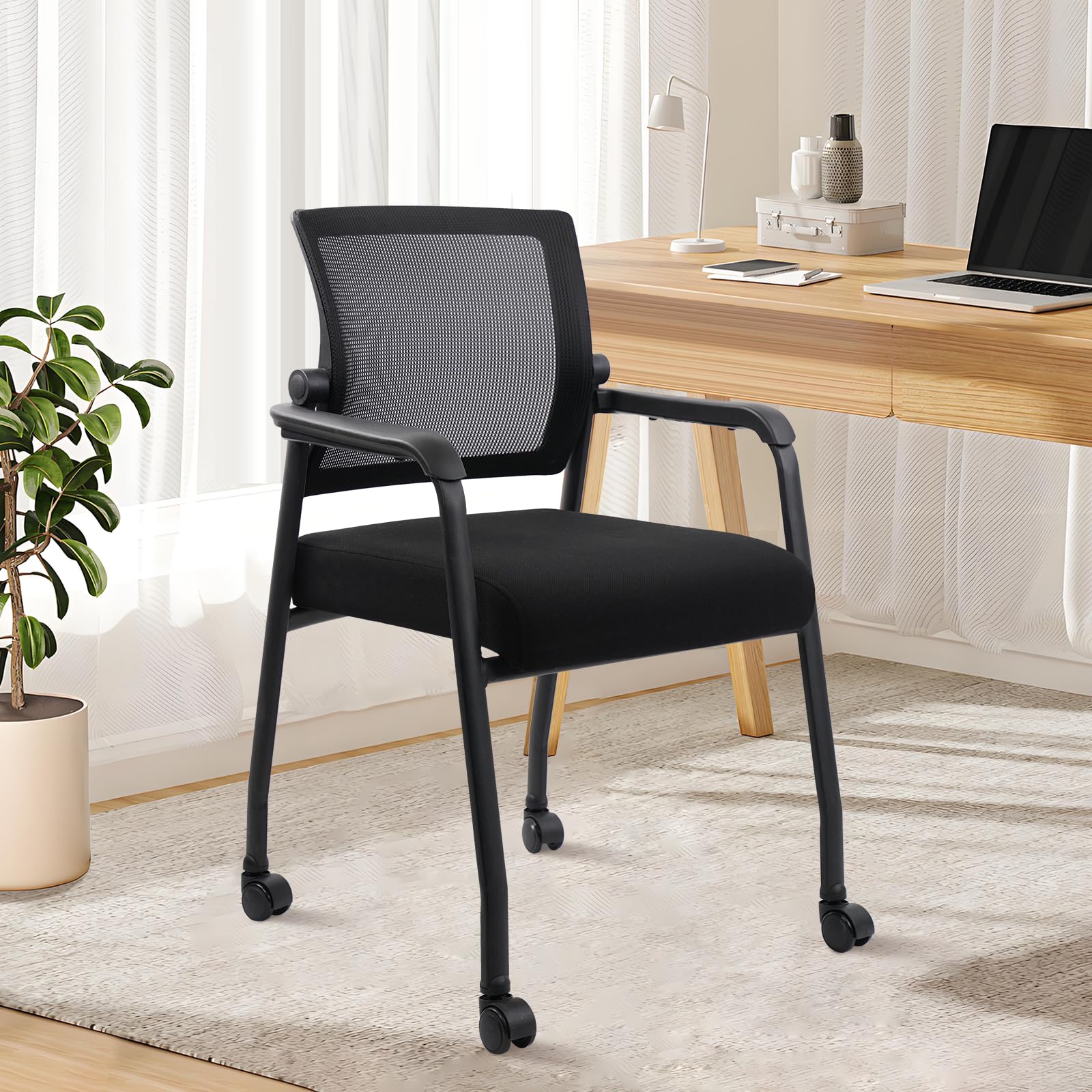 KLASIKA Desk Chair No Wheels with Adjustable Mesh Backrest, Arm Chair with Ergonomic Lumbar Support and Thickened Seats Cushion, Waiting Room Chairs for Office School Church Guest Reception