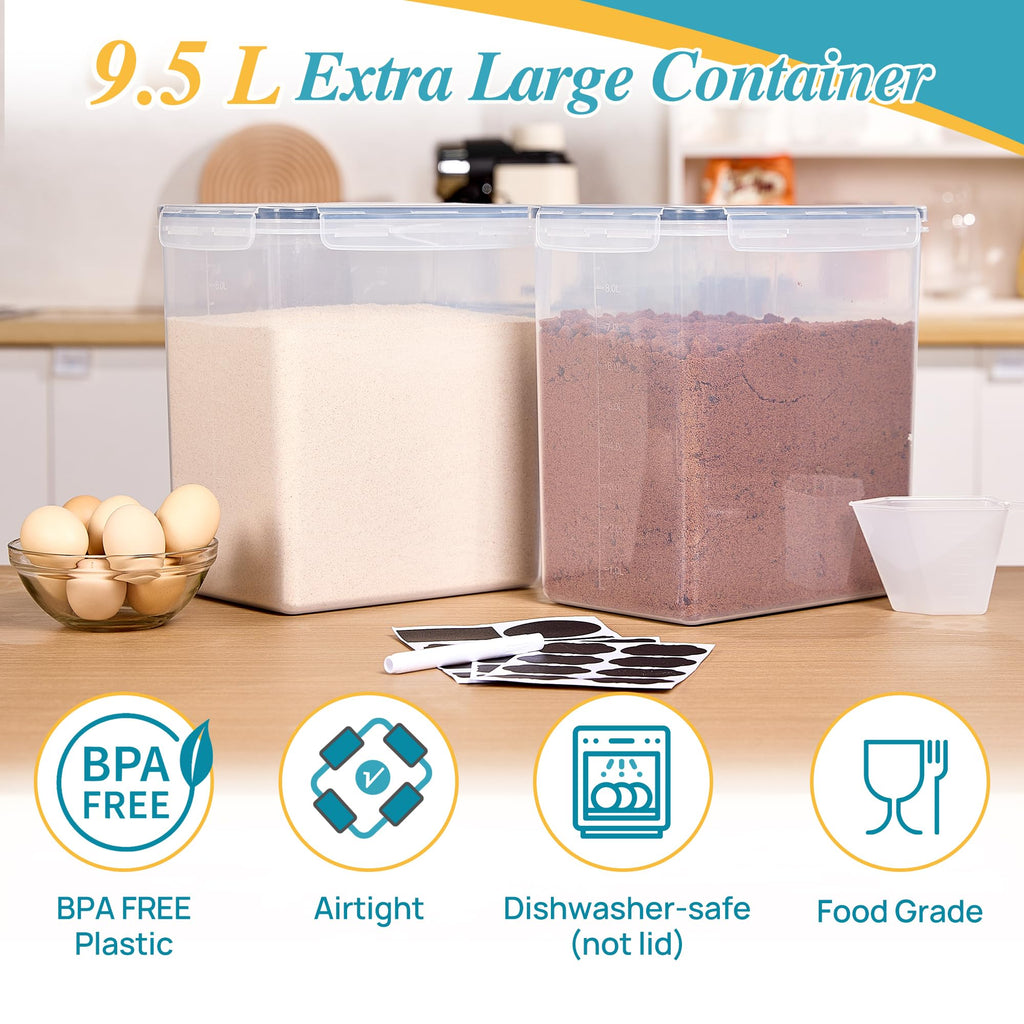 Vtopmart Food Storage Containers 2.5L / 84.5oz, 4 Pieces BPA Free Plastic Airtight Canister for Flour, Sugar, Baking Supplies, with 4 Measuring Cups and 24 Labels, Black