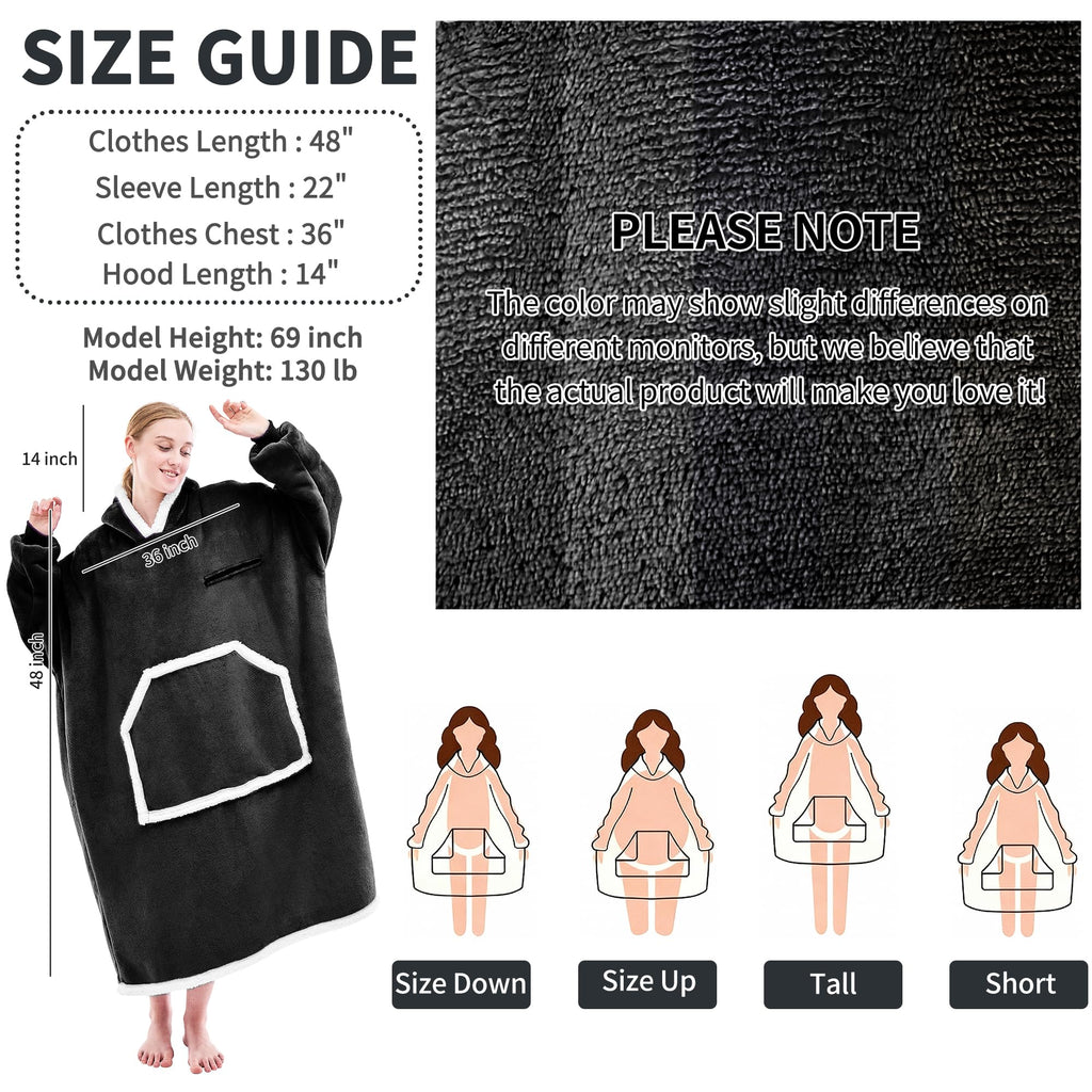IFNOW Wearable Blanket Hoodie, Oversized Sherpa Fleece Hooded Sweatshirt with Eye Mask, Cozy and Giant Blanket Hoodie with Sleeves Extra Long for Adults Men Women, Black