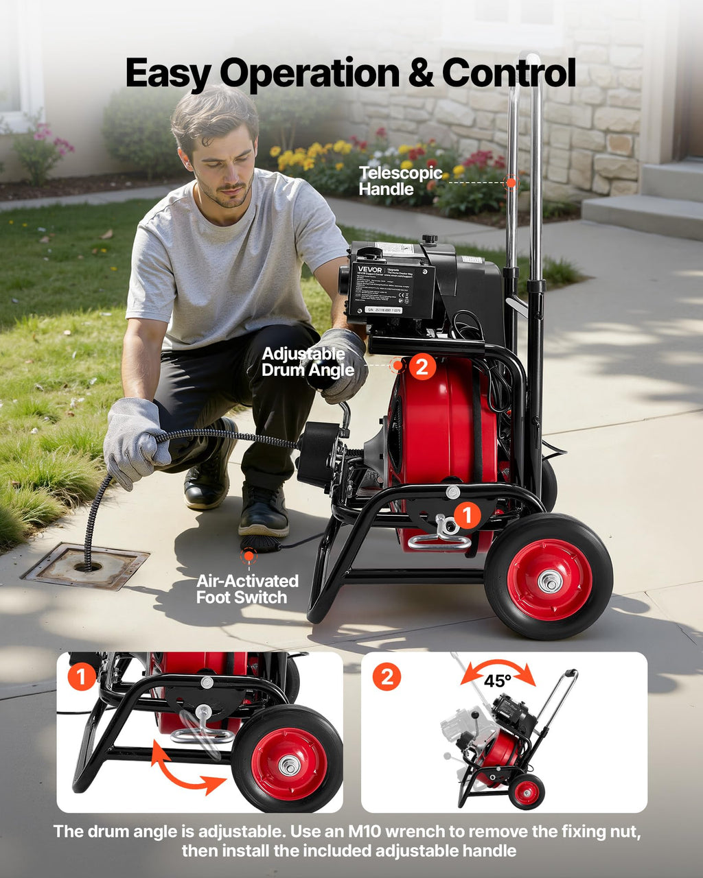 VEVOR 50FT x 1/2Inch Sewer Snake Machine, Drain Cleaning Machine on 4 Wheels, Electri Drain Auger with 4 Cutters & Foot Switch for 1''- 4'' Pipes