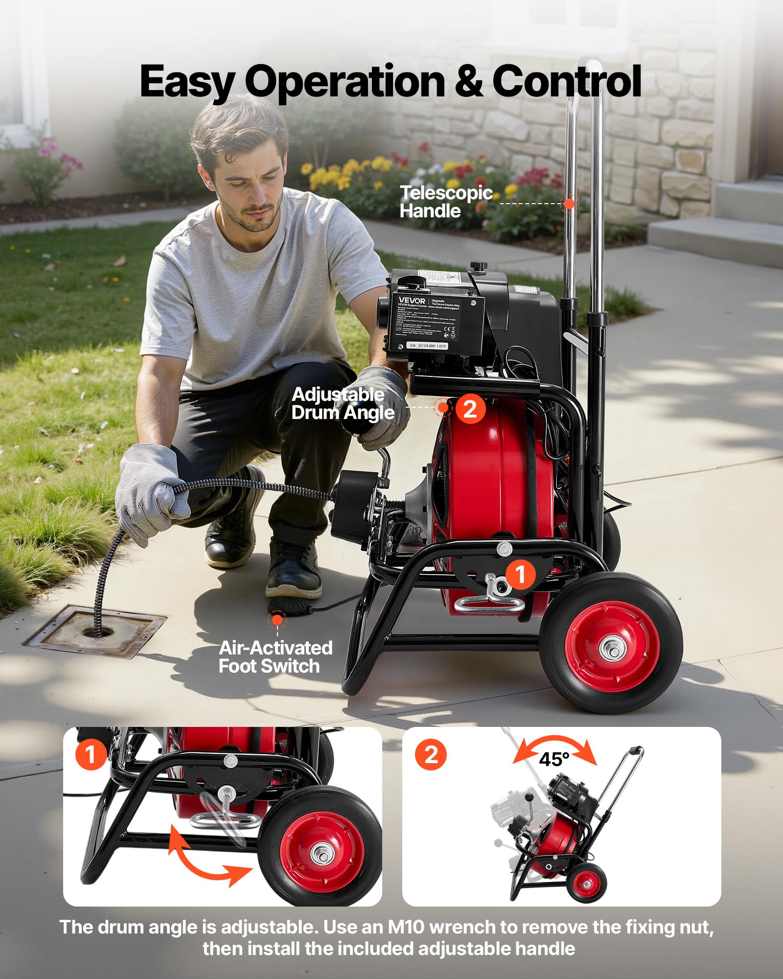 VEVOR 50FT x 1/2Inch Sewer Snake Machine, Drain Cleaning Machine on 4 Wheels, Electri Drain Auger with 4 Cutters & Foot Switch for 1''- 4'' Pipes
