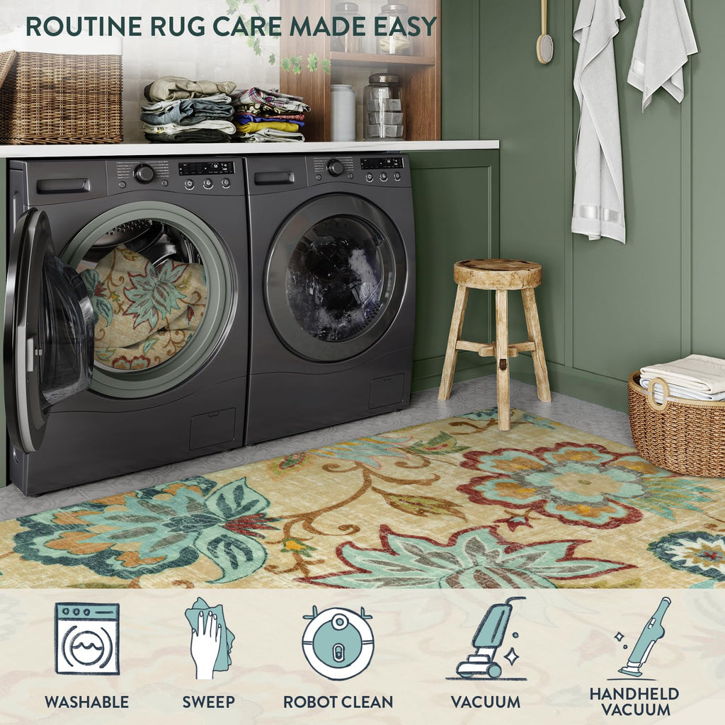 Lahome Floral Washable Area Rugs - 2x3 Non-Slip Small Entryway Rug Indoor, Throw Stain Resistant Kitchen Rugs Soft Black Paisley Print Bathroom Mats DoorMat Carpet for Bedroom Laundry Living Room Sink