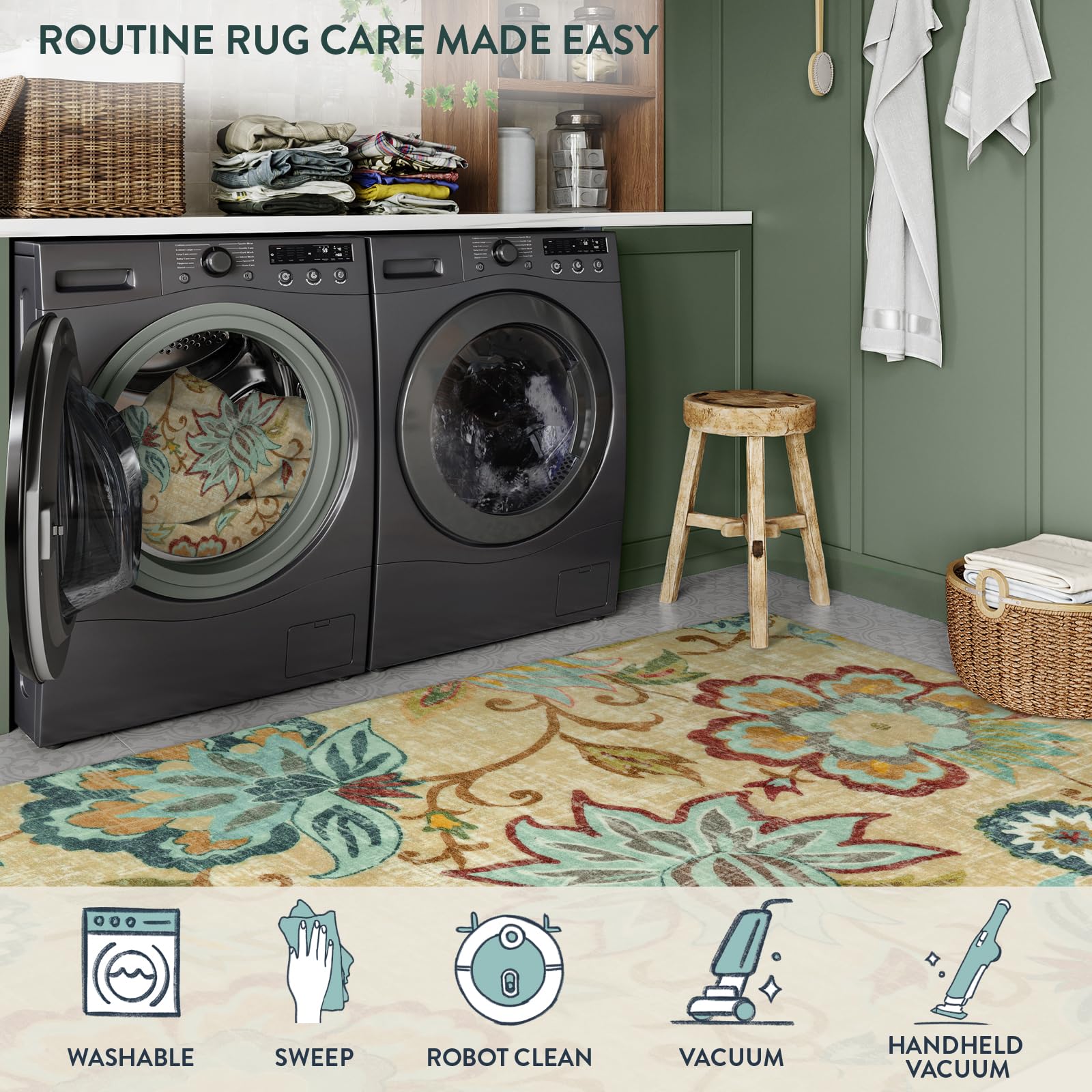 Lahome Floral Washable Area Rugs - 2x3 Non-Slip Small Entryway Rug Indoor, Throw Stain Resistant Kitchen Rugs Soft Black Paisley Print Bathroom Mats DoorMat Carpet for Bedroom Laundry Living Room Sink