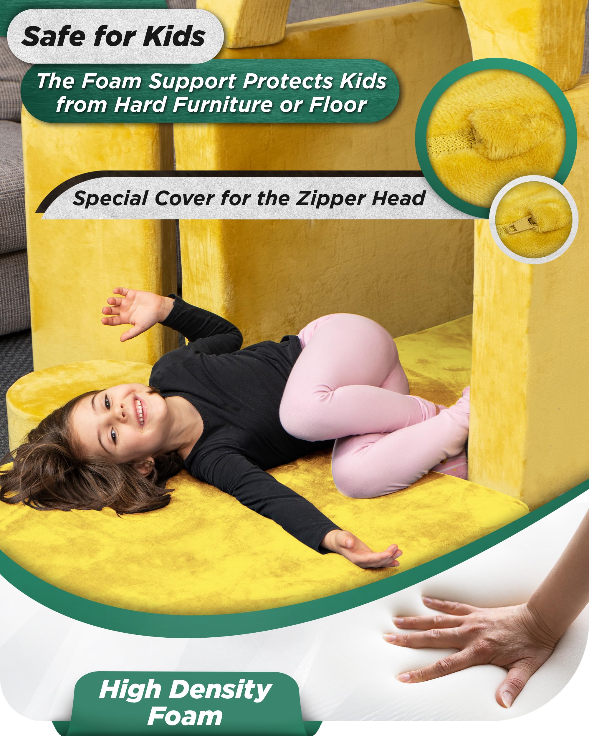 Lunix LX15 14pcs Modular Kids Play Couch, Child Sectional Sofa, Fortplay Bedroom and Playroom Furniture for Toddlers, Convertible Foam and Floor Cushion for Boys and Girls, Amber Yellow