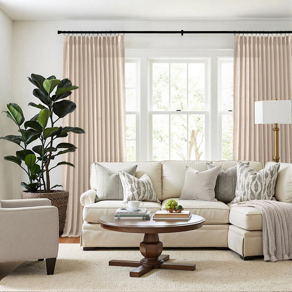 MIULEE Pinch Pleated Linen Curtains 84 Inches Long 2 Panels for Bedroom Living Room, Soft Thick Linen Textured Window Drapes Back Tab Hooks Semi Sheer Light Filtering Farmhouse，Beige