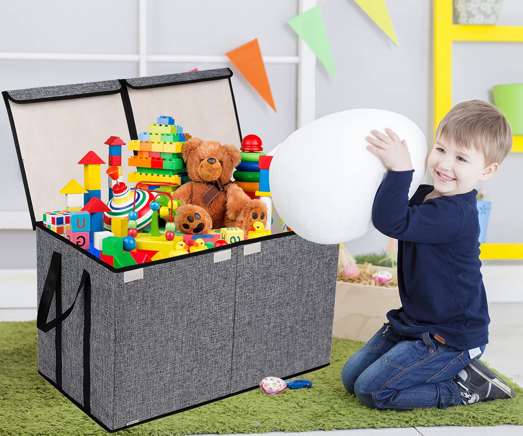 YOLOXO Toy Box Chest, Collapsible Sturdy Storage Bins with Lids, Extra Large Kids Toy Storage Organizer Boxes Bins Baskets for Kids, Boys, Girls, Nursery Room, Playroom, Closet (BLACK)