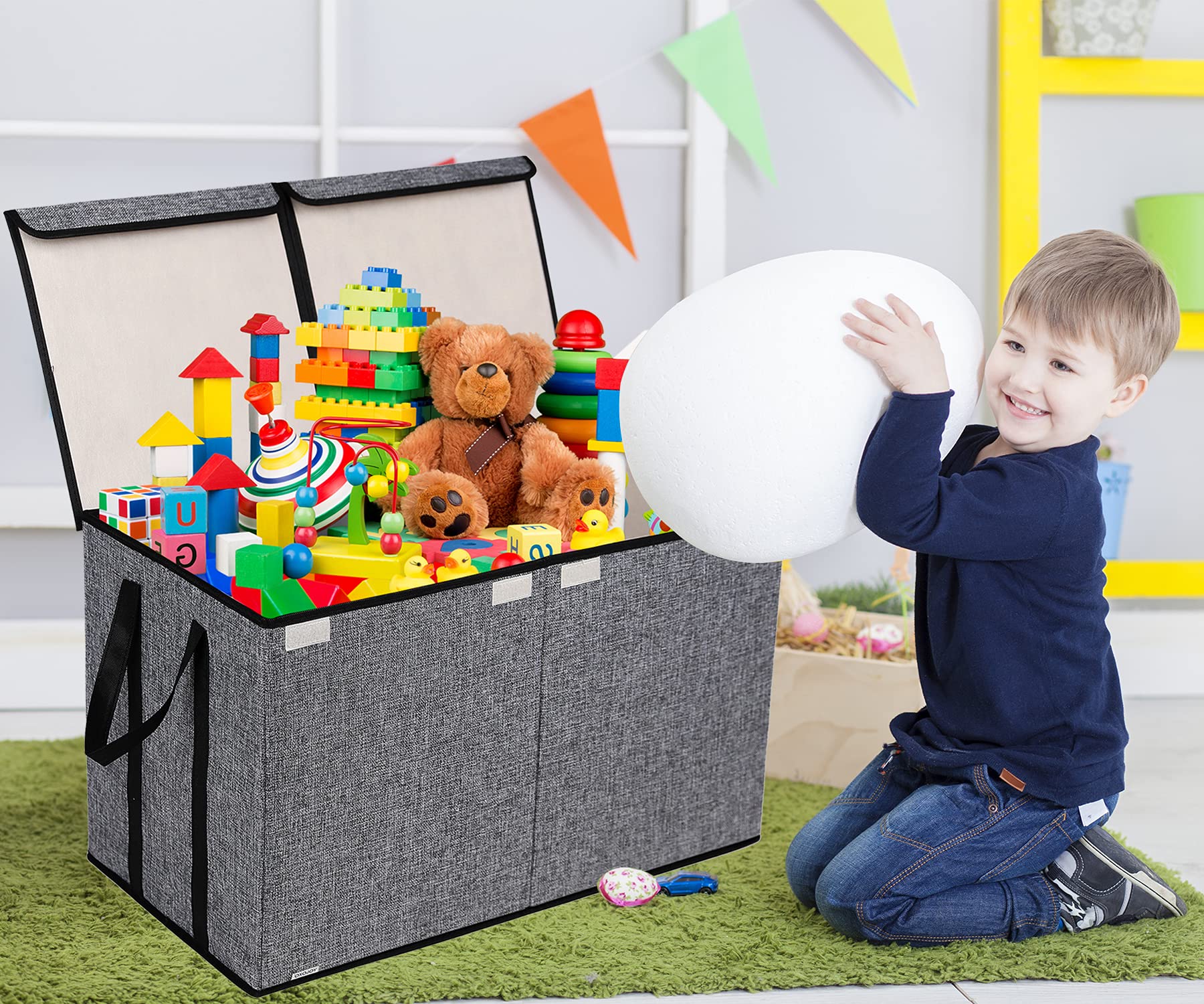 YOLOXO Toy Box Chest, Collapsible Sturdy Storage Bins with Lids, Extra Large Kids Toy Storage Organizer Boxes Bins Baskets for Kids, Boys, Girls, Nursery Room, Playroom, Closet (BLACK)