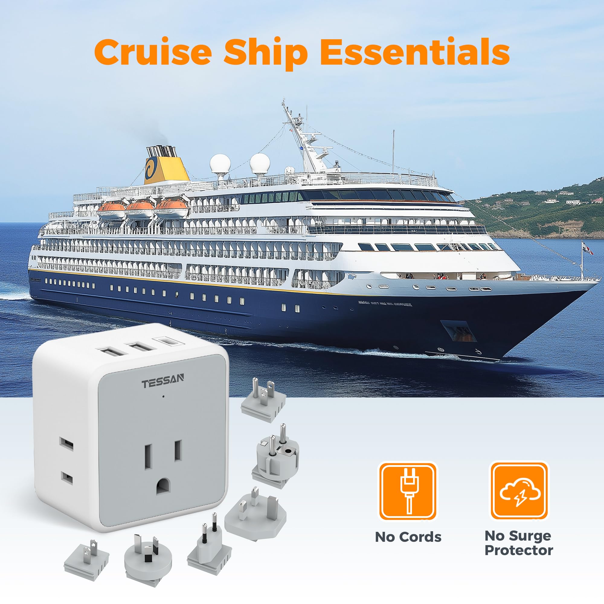 TESSAN 6-in-1 European UK Travel Plug Adapter Kit | 3 USB (1 USB C), 3 AC Outlets, Supports Type C, G, E/F, I, A, B, US to Europe UK Italy Australia Japan