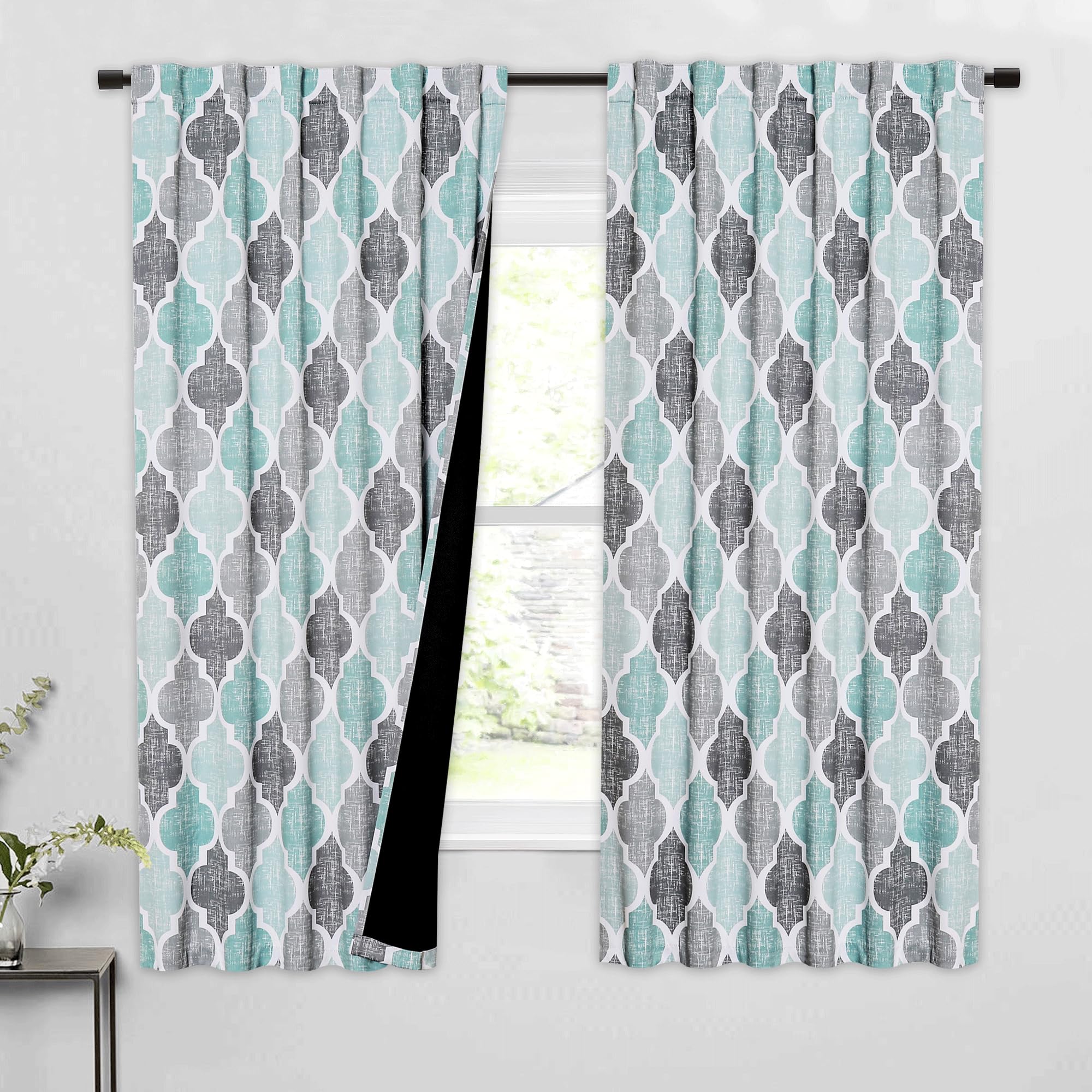 Beauoop 100% Blackout Curtains 45 Inches Long 2 Panels for Bedroom Living Room Aqua Grey Moroccan Geo Room Darkening Thermal Insulated Soundproof Grommet Top Window Treatments Drapes, 50x45 Set of 2