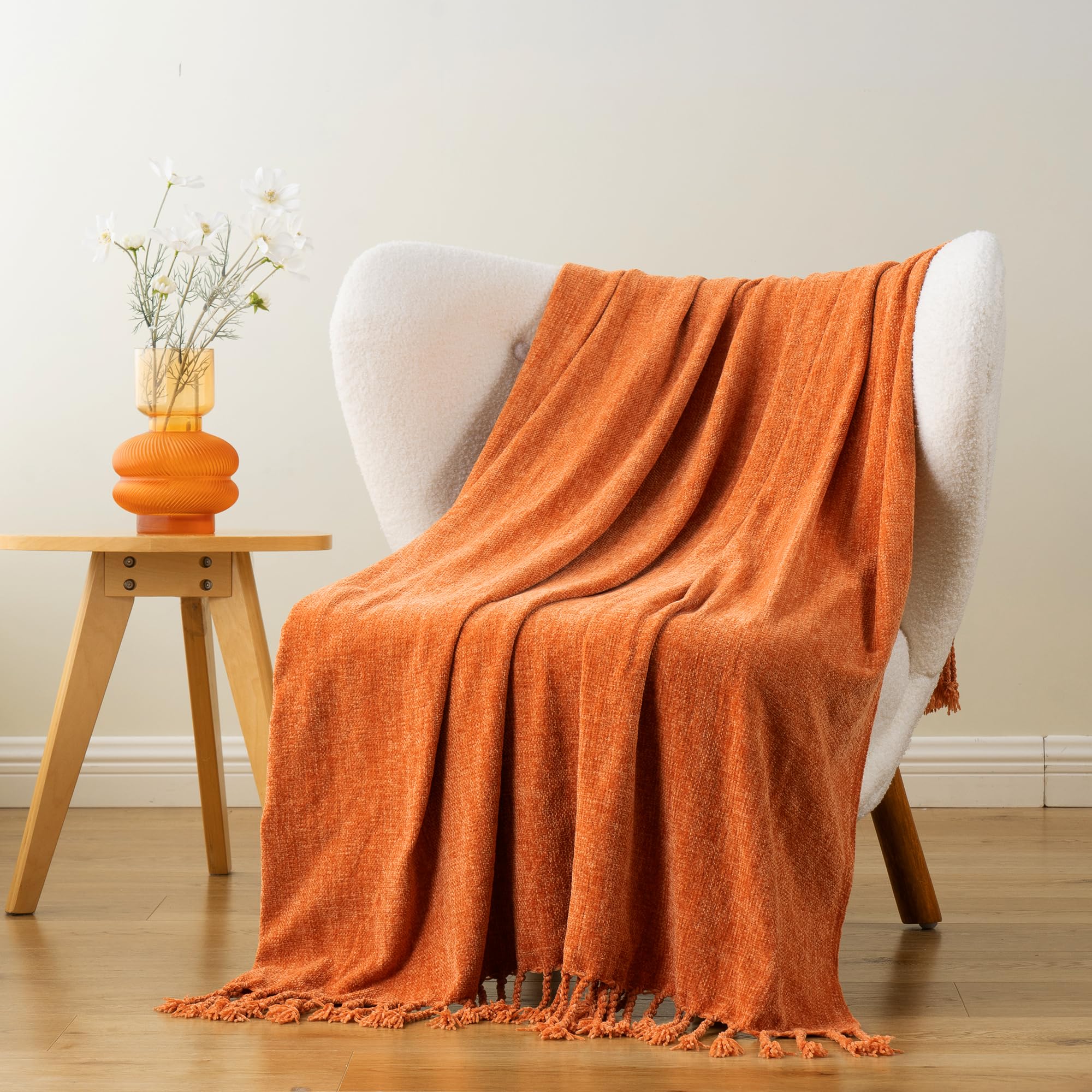 BATTILO HOME Beige Chenille Throw Blanket for Couch, Soft Cozy Textured Knit Throw Blanket with Handmade Fringe Tassels, Lightweight Decorative Farmhouse Blanket for Sofa Bed Chair, 50"x60"