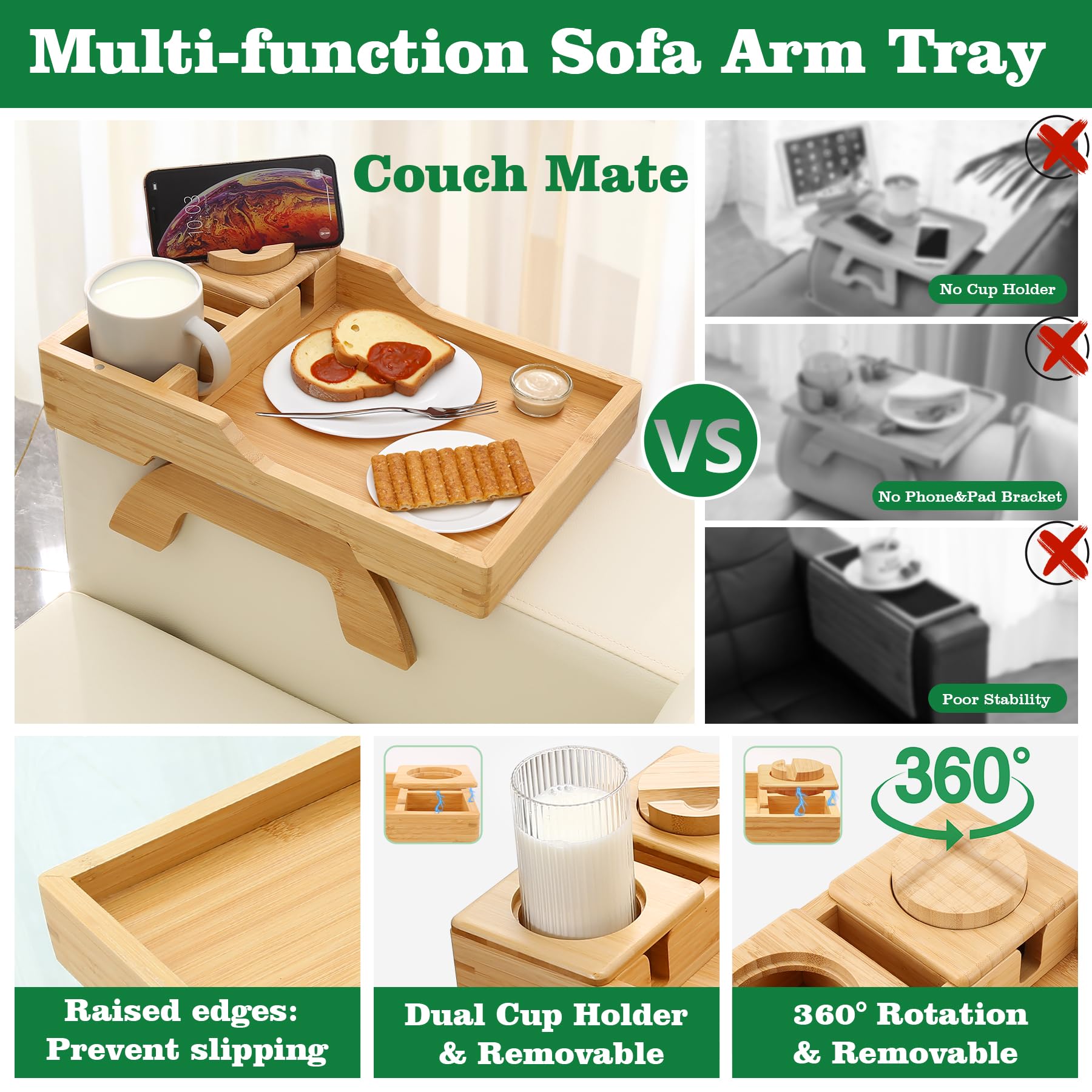 GHKINMAL Couch Cup Holder Tray, 15.4"x9.9" Large 4 in 1 Couch Arm Tray with 360°Rotated Phone Holder, Non-Slip Clip on Side Table for Drinks/Remote/Snacks, Ideal Gift for Husband, Wife, Parents