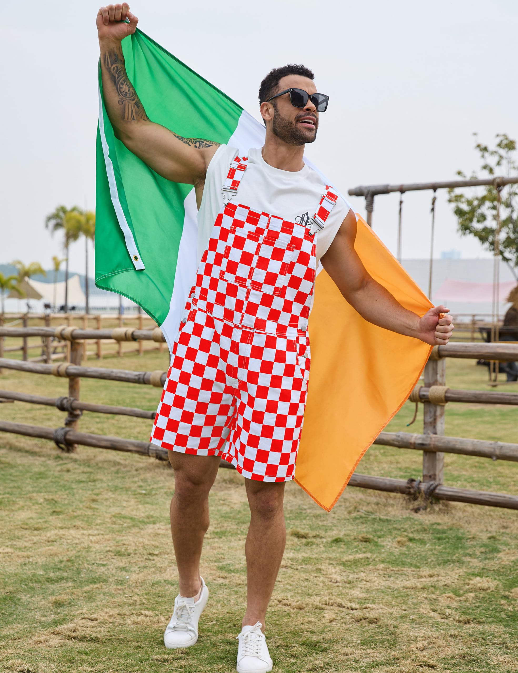 Odefou Checkered Bib Overalls for Men Jumpsuit Shorts Work Coveralls