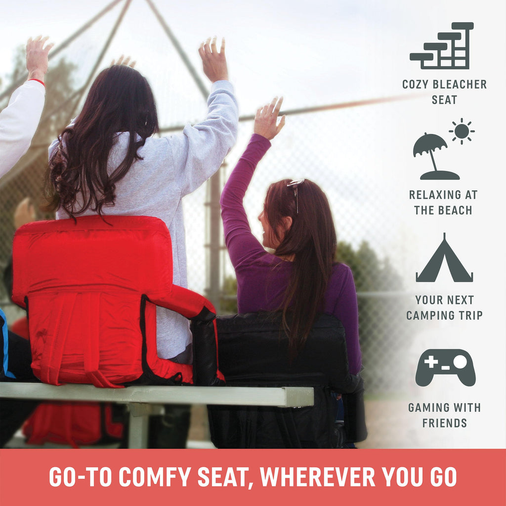 PICNIC TIME Ventura Portable Reclining Stadium Seat with Back Support, Folding Bleacher Chairs with Back and Cushion, Thick Padded Stadium Seat, Armrest, and Six Backrest Positions, (Black, Standard)