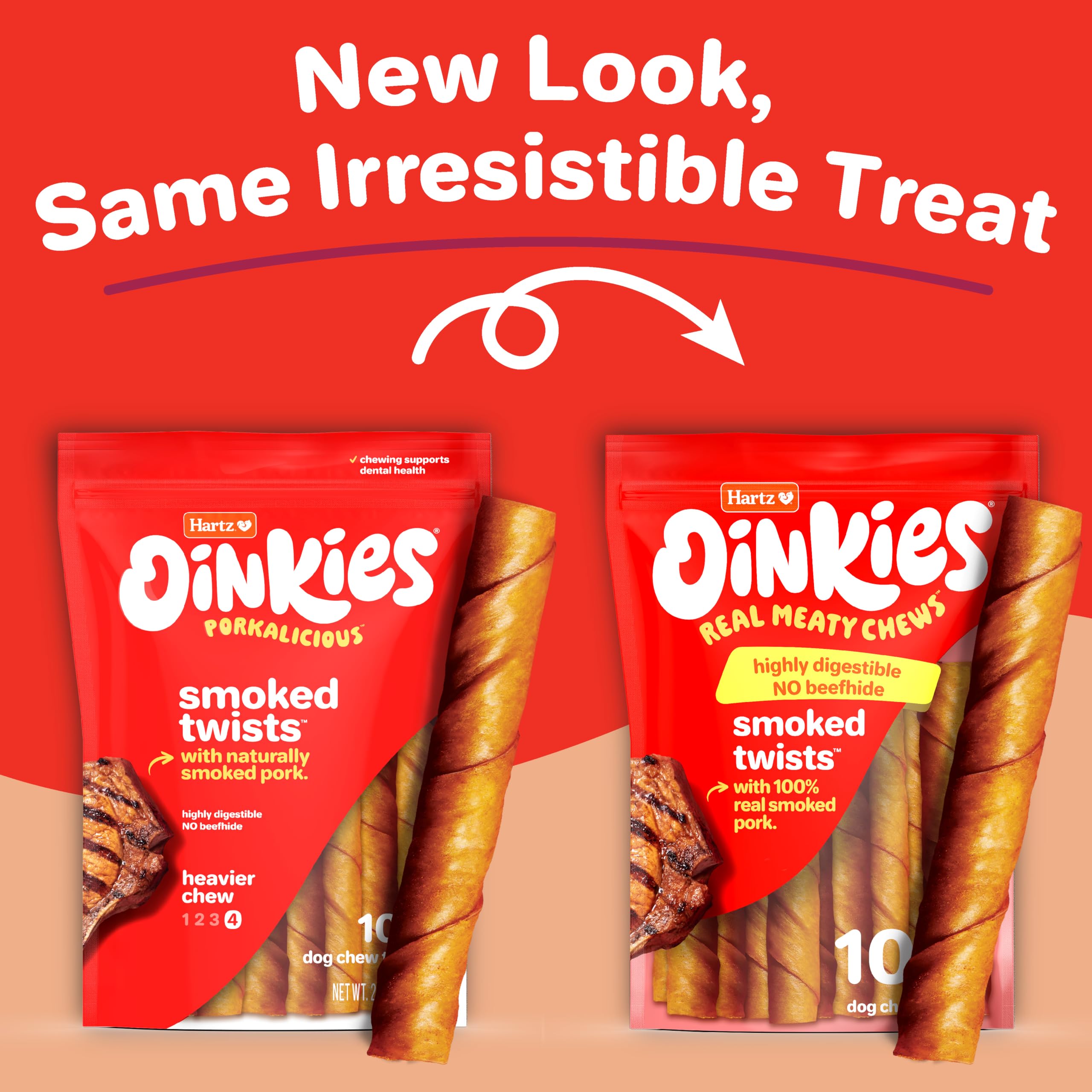HARTZ Oinkies Natural Smoked Pig Skin Twist Dog Treat Chews - 10 Pack