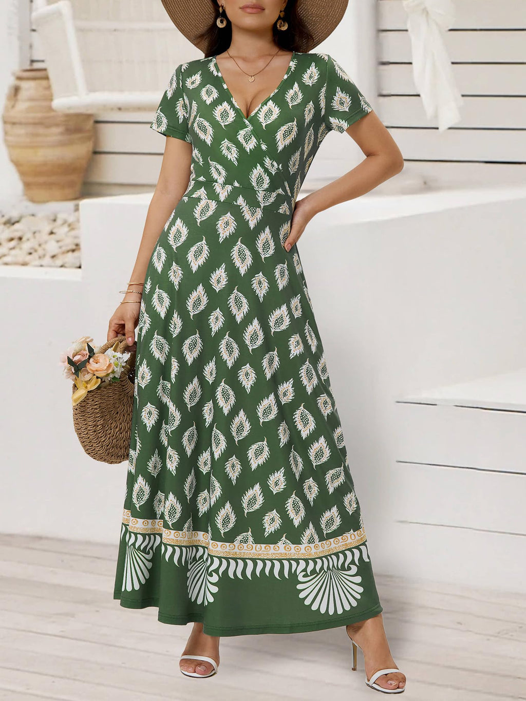 HUHOT Women's Short Sleeve Wrap V Neck Dresses for Wedding Guest Summer Floral Maxi Sundresses with Pockets Boho Dress